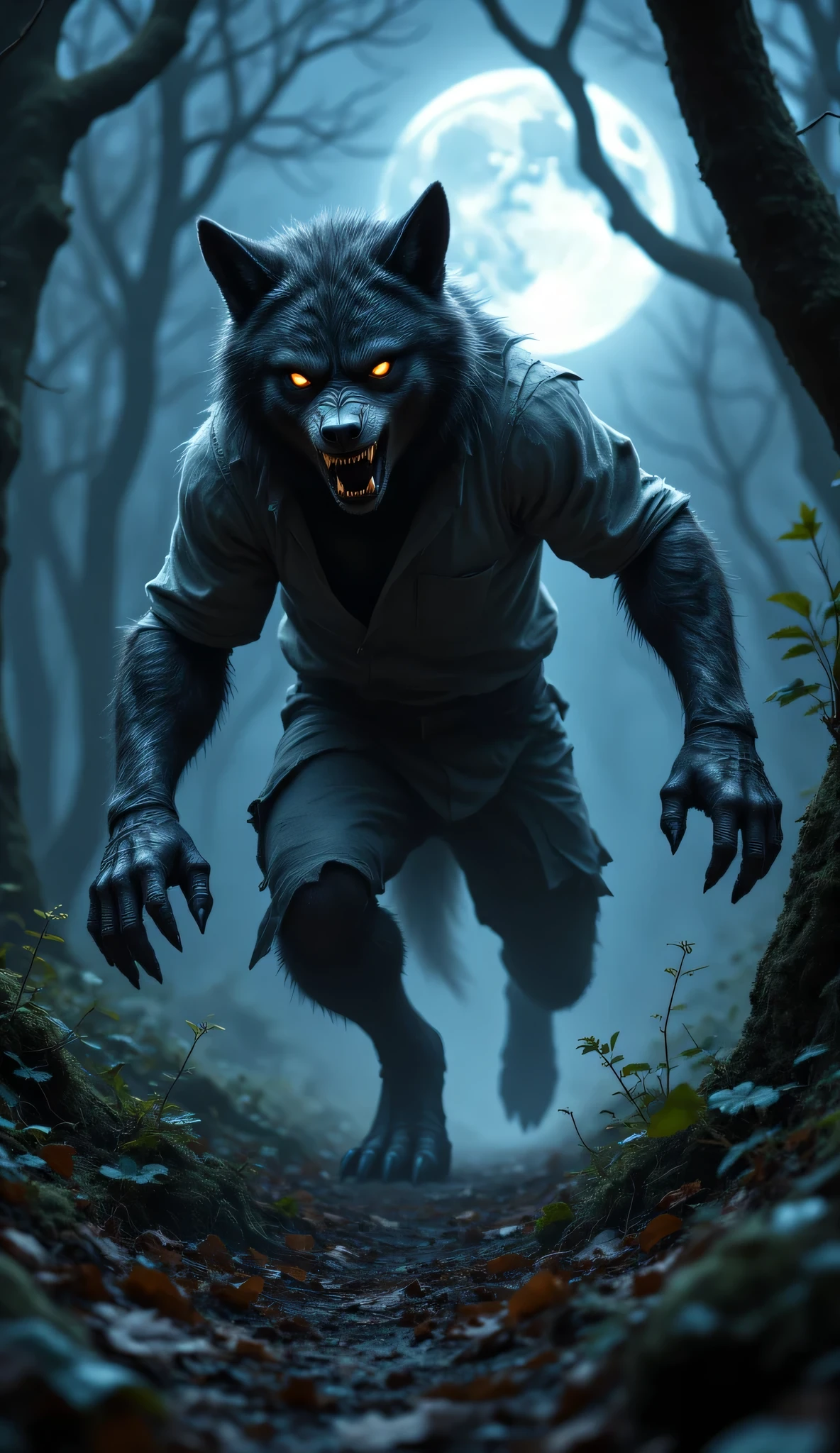 Beneath a full moon glowing ominously in the ink-black sky, the werewolf emerges from the shadows, a haunting figure that straddles the line between beast and man. His sinewy frame ripples with power, fur gleaming under the moonlight like silver threads woven into his dark coat. The eerie stillness of the forest is shattered by the crunch of leaves under his clawed feet and the low, guttural growl that escapes his lips, a warning to any who dare approach.  

His eyes burn with an otherworldly light, glowing amber like embers in a dying fire, scanning the dense woods for prey—or perhaps redemption. The tattered remains of a shirt cling to his broad shoulders, a stark reminder of the man he once was, now consumed by the curse of the wolf.  

The werewolf moves with both ferocity and grace, leaping effortlessly over fallen logs and navigating the twisting roots with a hunter’s precision. As he tilts his head back, releasing a mournful howl that echoes through the night, the forest seems to hold its breath, every creature bowing to the primal energy radiating from him. In this moment, he is both a monster and a marvel, a tragic figure caught in the throes of a transformation as beautiful as it is terrifying.