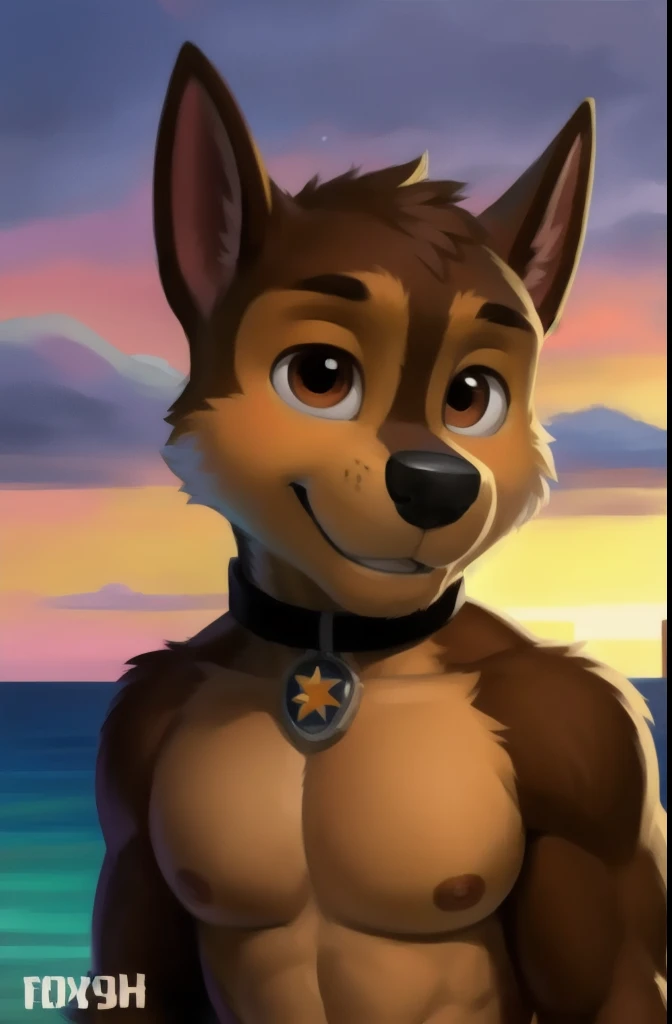 Chase smirking as he is exposing his body to the POV viewer, detailed fluffy fur texture, impasto impressionism, (by foxovh, ross tran, michael garmash, pino daeni, iskra), detailed eyes, highly detailed pupils, solo, furry, anthro, chase-pp, domestic dog, male, brown eyes, brown fur, light brown body, fur body, detailed fluffy fur texture, curvy, 1boy, muscular, detailed muscles, large and big pecs