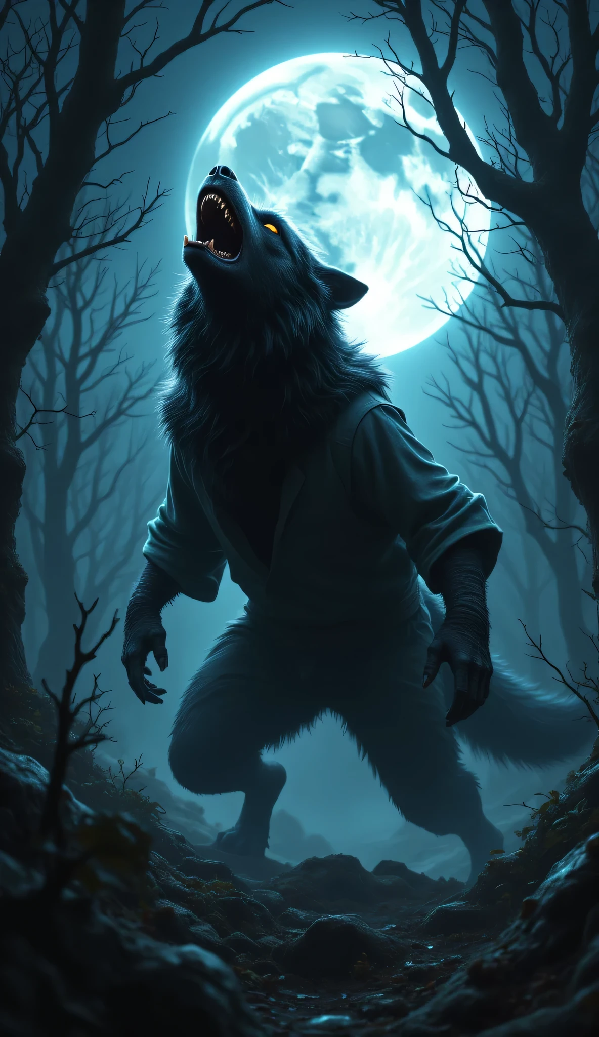 Beneath a full moon glowing ominously in the ink-black sky, the werewolf emerges from the shadows, a haunting figure that straddles the line between beast and man. His sinewy frame ripples with power, fur gleaming under the moonlight like silver threads woven into his dark coat. The eerie stillness of the forest is shattered by the crunch of leaves under his clawed feet and the low, guttural growl that escapes his lips, a warning to any who dare approach.  

His eyes burn with an otherworldly light, glowing amber like embers in a dying fire, scanning the dense woods for prey—or perhaps redemption. The tattered remains of a shirt cling to his broad shoulders, a stark reminder of the man he once was, now consumed by the curse of the wolf.  

The werewolf moves with both ferocity and grace, leaping effortlessly over fallen logs and navigating the twisting roots with a hunter’s precision. As he tilts his head back, releasing a mournful howl that echoes through the night, the forest seems to hold its breath, every creature bowing to the primal energy radiating from him. In this moment, he is both a monster and a marvel, a tragic figure caught in the throes of a transformation as beautiful as it is terrifying.