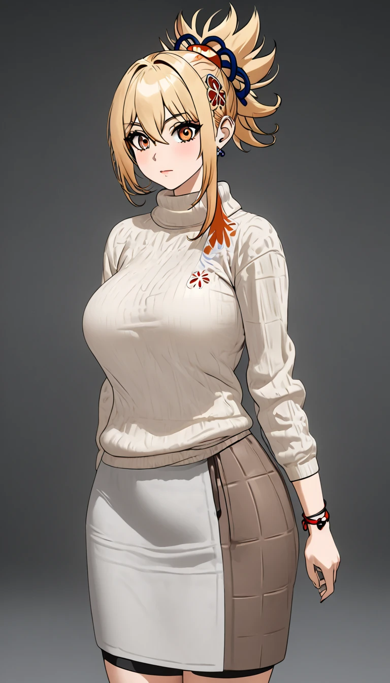 a woman wearing a knee-length skirt, a sweater, and knee-high socks,  vivid colors, studio lighting, physically-based rendering, extreme detail description, professional, large breasts, , full body, anime cover, girl, solo, mature female,yoimiya, bangs, blonde hair, hair ornament, hair between eyes, ponytail, sidelocks, orange eyes, light brown hair,(negative_v2 Color_Balance_Calibration:0.8), unaestheticXL_cbp62 , negativeXL_D, whole body shot, full body, (negative_v2 Color_Balance_Calibration:0.8), unaestheticXL_cbp62 , negativeXL_D
