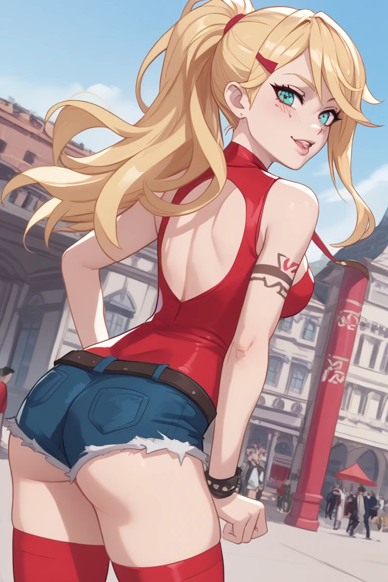 young girl, longue blonde hair, Hairpin with a bundle,  turquoise eyes, Yakuza tattoos, red tight uniform, Sleeveless, Wide neckline on the chest to the abdomen, Gold Elements, Red outfit, Shorts, Masterpiece, hiquality, 4k, HD, Good details, back view, back overview, Long Hair, 