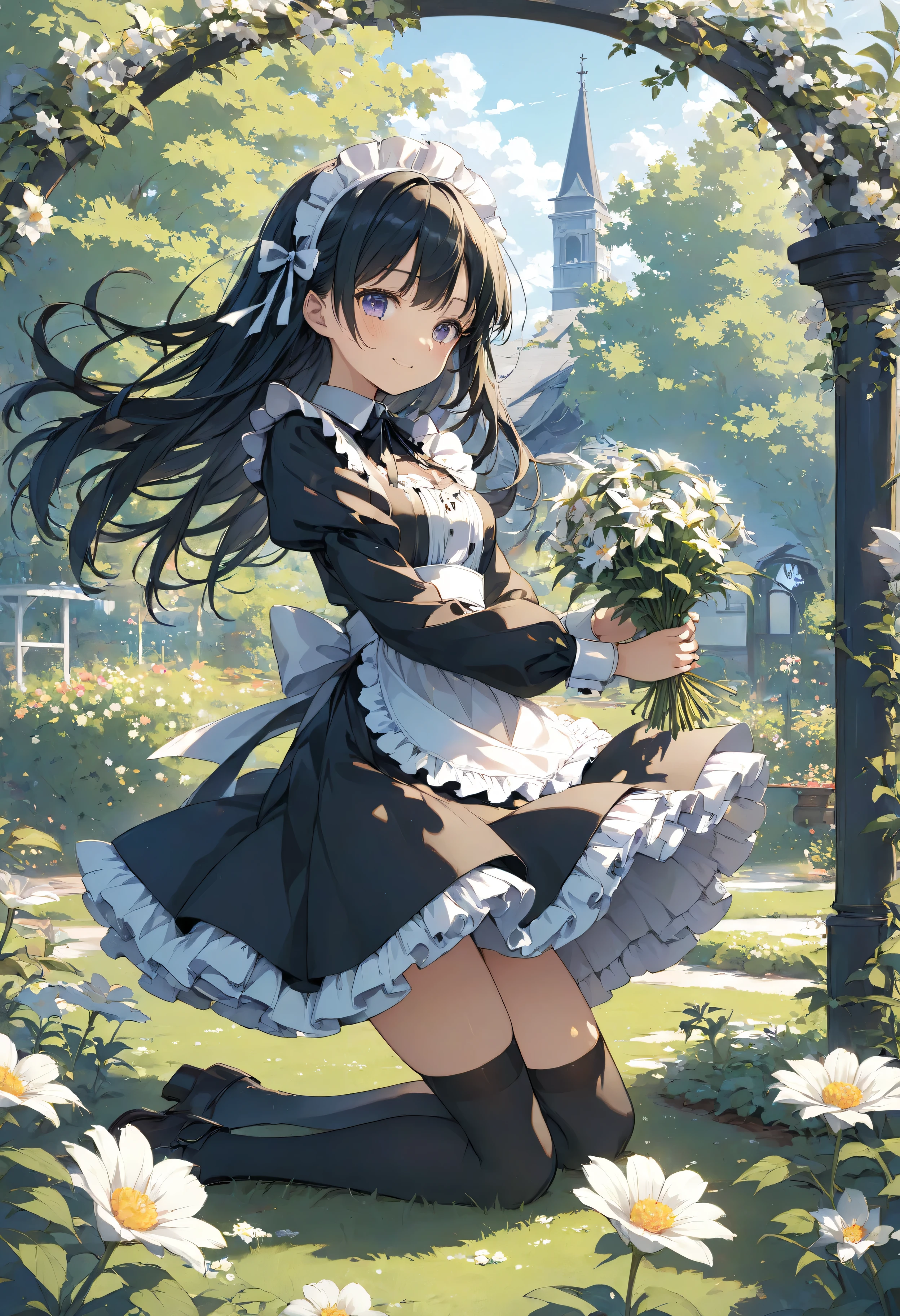 masterpiece, high quality, high resolution, 16k, illustration by Makoto Shinkai, exquisite background, petite girl, black hair, long hair, gothic lolita, maid outfit, fair skin, long eyelashes, beautiful eyes, over-kneehighs, full body, smiling, western garden, tending flowers, hair and skirt in wind fluttering in the wind