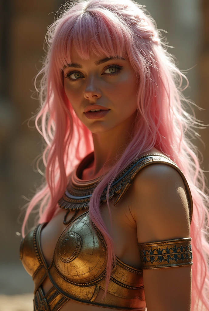 A woman, pale pink hair, ancient Egyptian breastplate, dynamic pose, combat pose, complex fantasy character, cinematic lighting, fantasy, magic, detailed background, NSFW, close-up, best quality, HDR, 8k, photorealistic, RAW photo, highly detailed