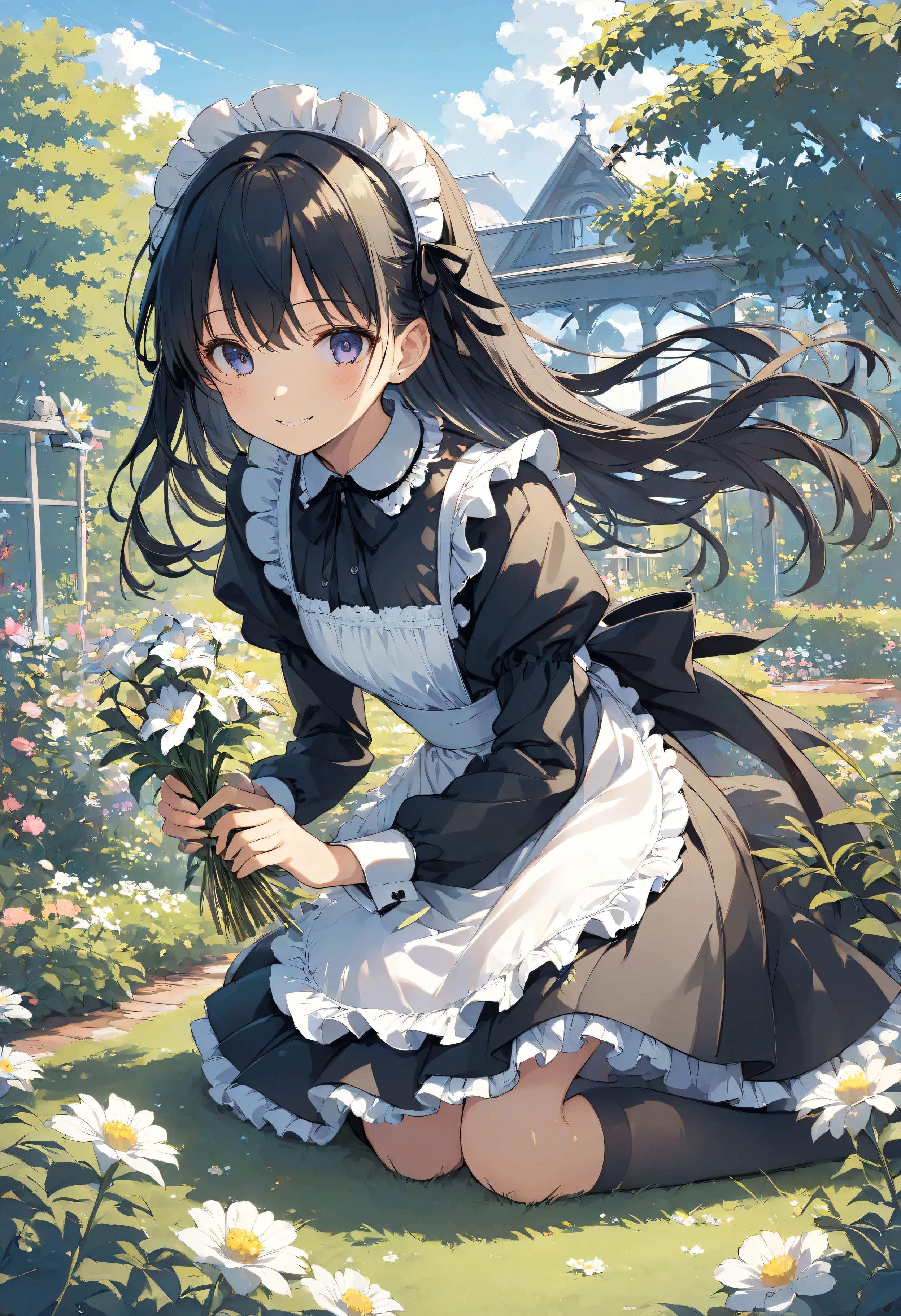 masterpiece, high quality, high resolution, 16k, illustration by Makoto Shinkai, exquisite background, petite girl, black hair, long hair, gothic lolita, maid outfit, fair skin, long eyelashes, beautiful eyes, over-kneehighs, full body, smiling, western garden, tending flowers, hair and skirt in wind fluttering in the wind