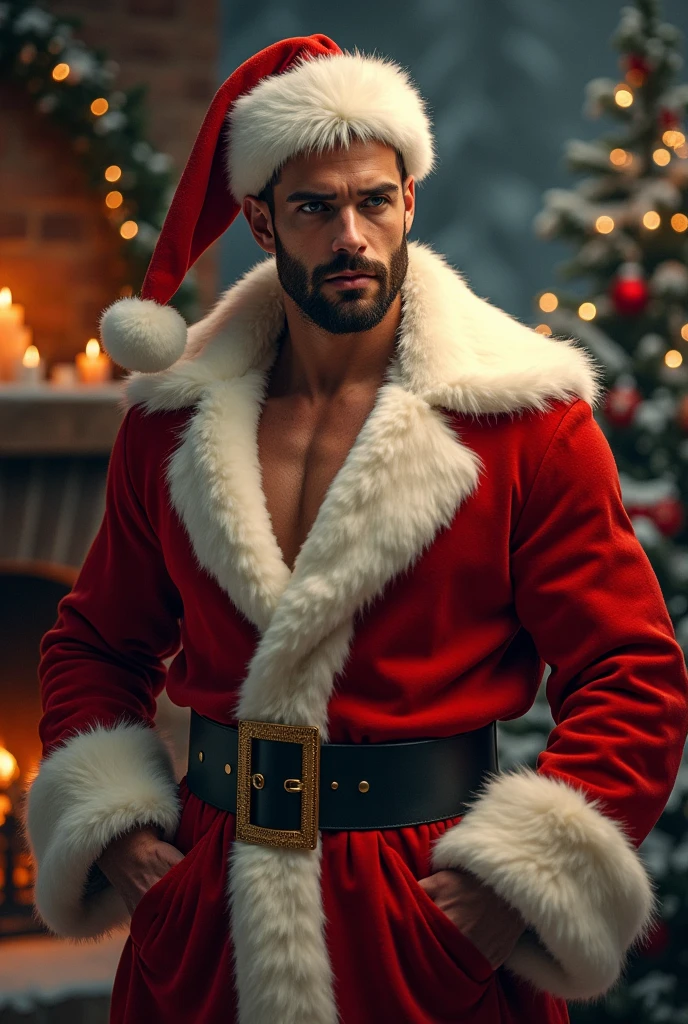 25 year old handsome man, manly, muscular, visible abs, brown short hair, short stubble beard, holding 2 cups of hot wine, standing next to small round wood table, Christmas market, winter, snow, cold, looking thoughtful to the camera, awaiting someone
