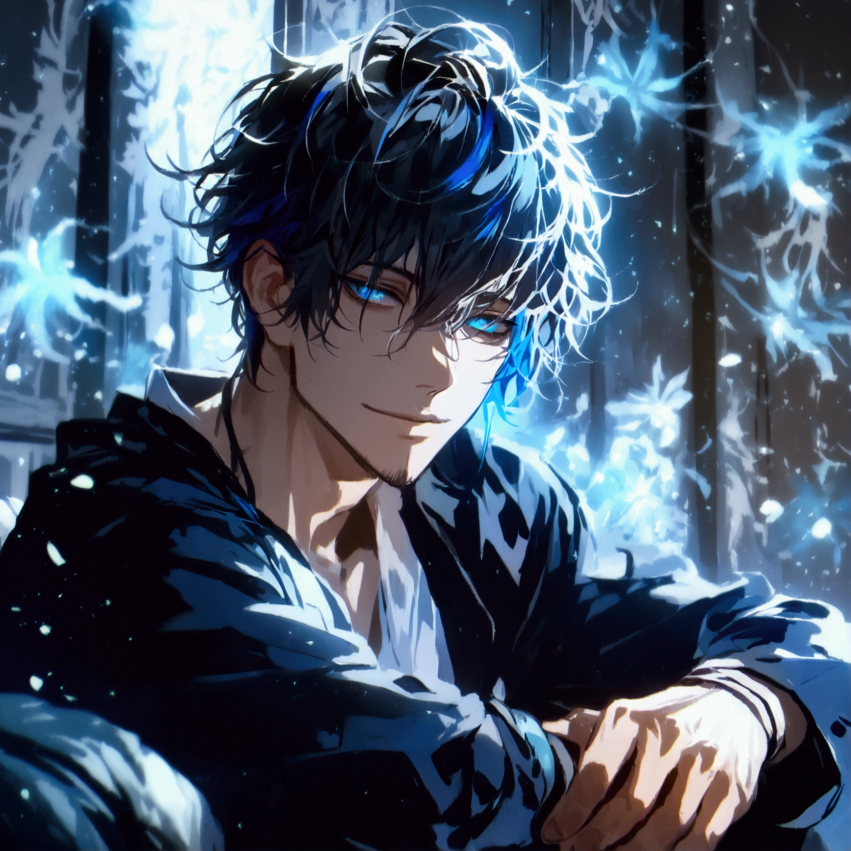 (solo), (1 male), (1 man), (chibi),handsome men, (one man with black hair with White blue inner hair color, blue eyes), long hair, messy hair,smile,((masterpiece)), (dark background: 1.3), (stylish), dynamic angle, (detailed face, detailed eyes, proportional hands, proportional anatomy), sitting in a relaxed pose, sinister atmosphere,young