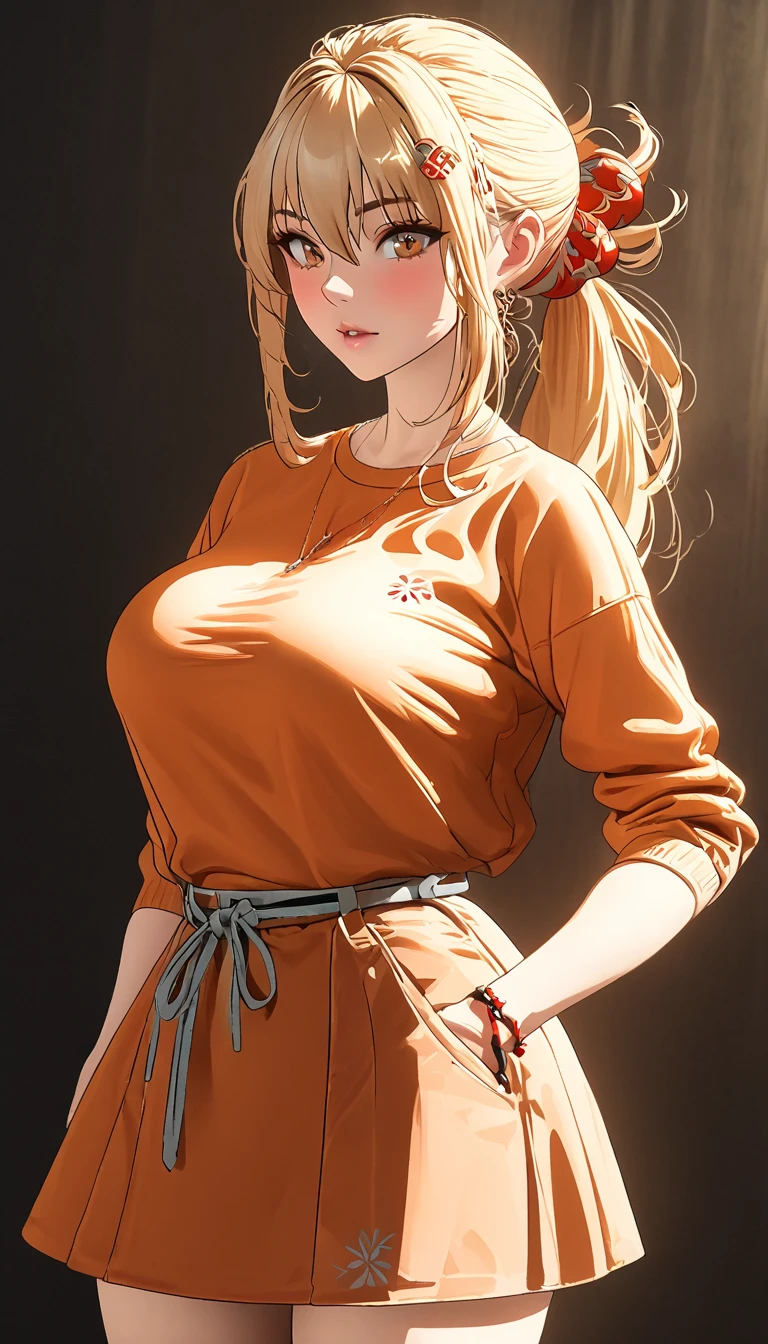 a woman wearing a knee-length skirt, a sweater, and knee-high socks, vivid colors, golden hour lighting,  physically-based rendering, extreme detail description, professional, large breasts, , full body, anime cover, girl, solo, mature female,yoimiya, bangs, blonde hair, hair ornament, hair between eyes, ponytail, sidelocks, orange eyes, light brown hair,(negative_v2 Color_Balance_Calibration:0.8), unaestheticXL_cbp62 , negativeXL_D, whole body shot, full body, (negative_v2 Color_Balance_Calibration:0.8), unaestheticXL_cbp62 , negativeXL_D
