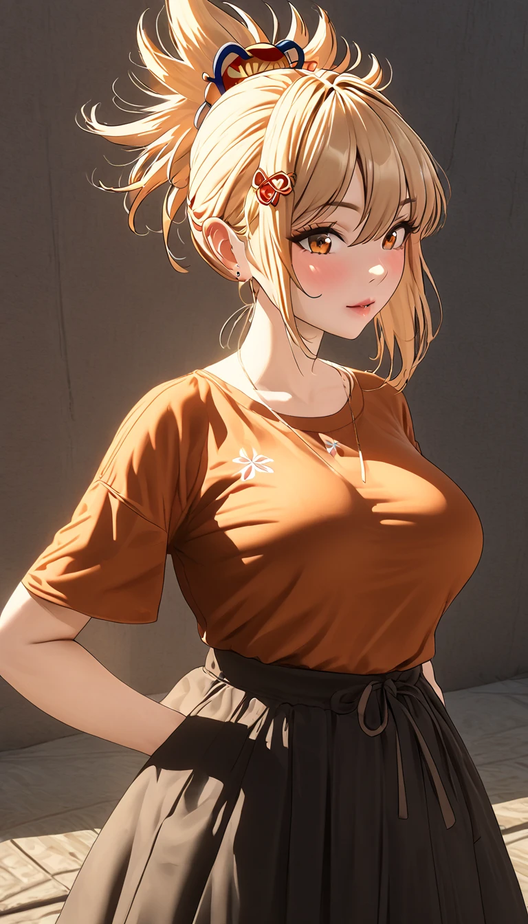 a woman wearing a knee-length skirt, a sweater, and knee-high socks, vivid colors, golden hour lighting,  physically-based rendering, extreme detail description, professional, large breasts, , full body, anime cover, girl, solo, mature female,yoimiya, bangs, blonde hair, hair ornament, hair between eyes, ponytail, sidelocks, orange eyes, light brown hair,(negative_v2 Color_Balance_Calibration:0.8), unaestheticXL_cbp62 , negativeXL_D, whole body shot, full body, (negative_v2 Color_Balance_Calibration:0.8), unaestheticXL_cbp62 , negativeXL_D
