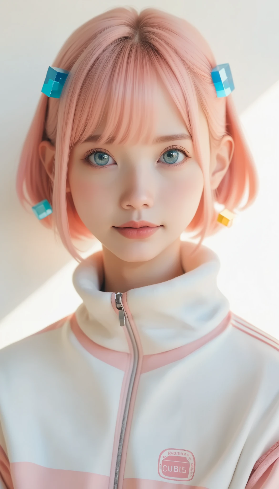 Cold girl,  RAW photos , Portrait of Shays , ( pink hair) , gotou,  hair ornament , cube  hair ornament ,  track jacket ,  ( high definition skin:1.2),  8K Ultra HD ,  look at the DSLR camera You can do it 。,  soft lighting ,  High Quality ,  Film Grain ,  Fujifilm XT3