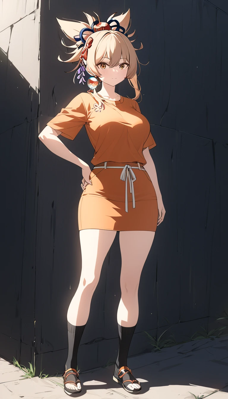 a woman wearing a knee-length skirt, a sweater, and knee-high socks, vivid colors, golden hour lighting, physically-based rendering, extreme detail description, professional, large breasts, , full body, anime cover, girl, solo, mature female,yoimiya, bangs, blonde hair, hair ornament, hair between eyes, ponytail, sidelocks, orange eyes, light brown hair,(negative_v2 Color_Balance_Calibration:0.8), unaestheticXL_cbp62 , negativeXL_D, whole body shot, full body, (negative_v2 Color_Balance_Calibration:0.8), unaestheticXL_cbp62 , negativeXL_D
