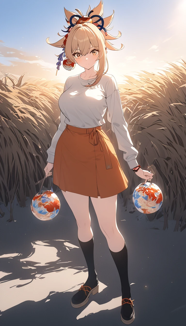 a woman wearing a knee-length skirt, a sweater, and knee-high socks, vivid colors, golden hour lighting, physically-based rendering, extreme detail description, professional, large breasts, , full body, anime cover, girl, solo, mature female,yoimiya, bangs, blonde hair, hair ornament, hair between eyes, ponytail, sidelocks, orange eyes, light brown hair,(negative_v2 Color_Balance_Calibration:0.8), unaestheticXL_cbp62 , negativeXL_D, whole body shot, full body, (negative_v2 Color_Balance_Calibration:0.8), unaestheticXL_cbp62 , negativeXL_D
