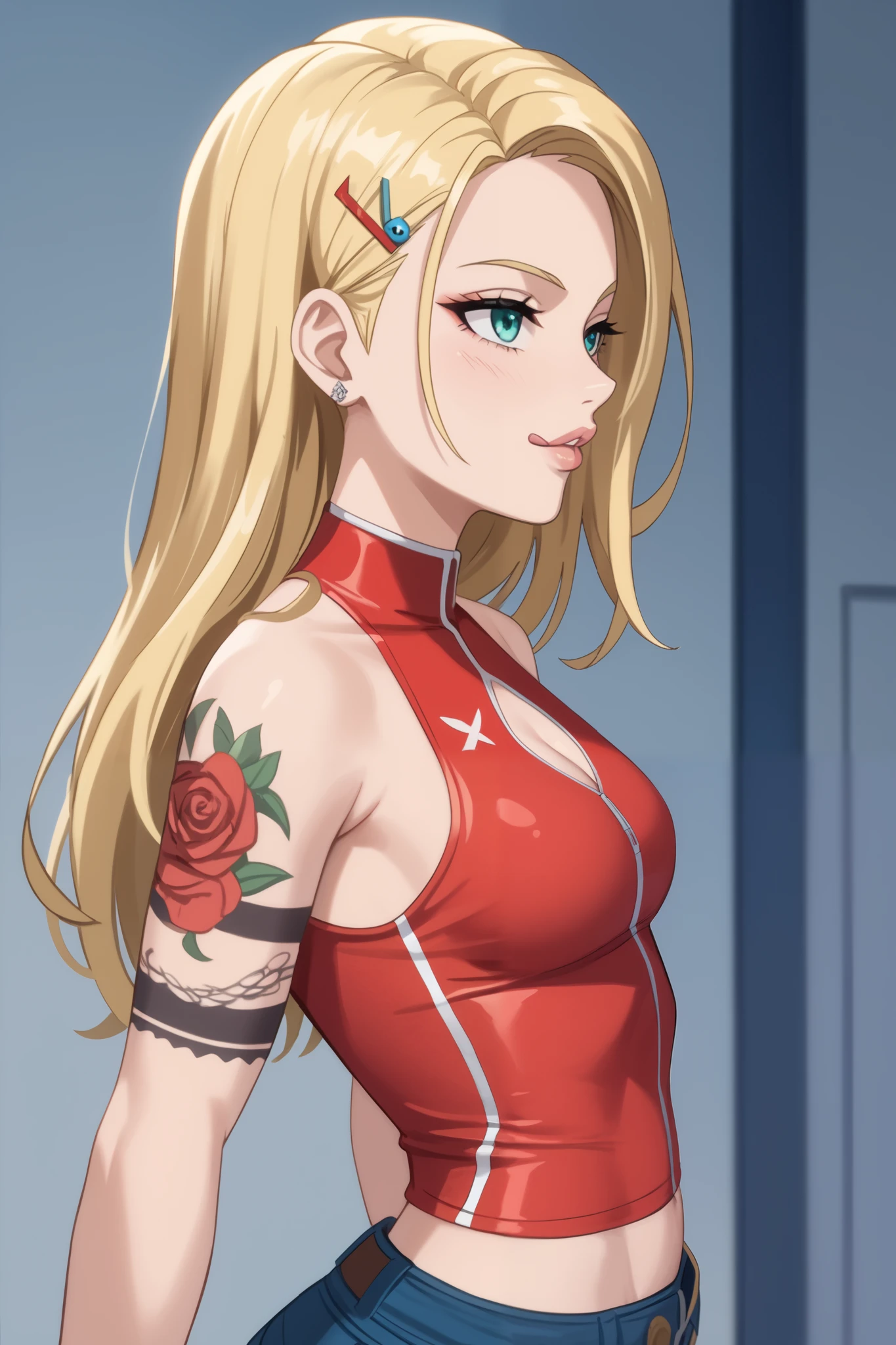 young girl, longue blonde hair, Hairpin with a bundle,  turquoise eyes, Yakuza tattoos, red tight uniform, Sleeveless, Wide neckline on the chest to the abdomen, Gold Elements, Red outfit, Shorts, Masterpiece, hiquality, 4k, HD, Good details, side view, side overview, Long Hair, 