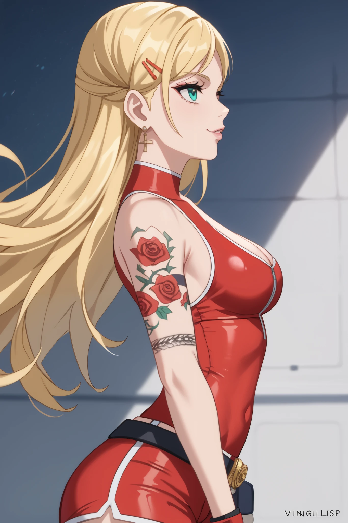 young girl, longue blonde hair, Hairpin with a bundle,  turquoise eyes, Yakuza tattoos, red tight uniform, Sleeveless, Wide neckline on the chest to the abdomen, Gold Elements, Red outfit, Shorts, Masterpiece, hiquality, 4k, HD, Good details, side view, side overview, Long Hair, 