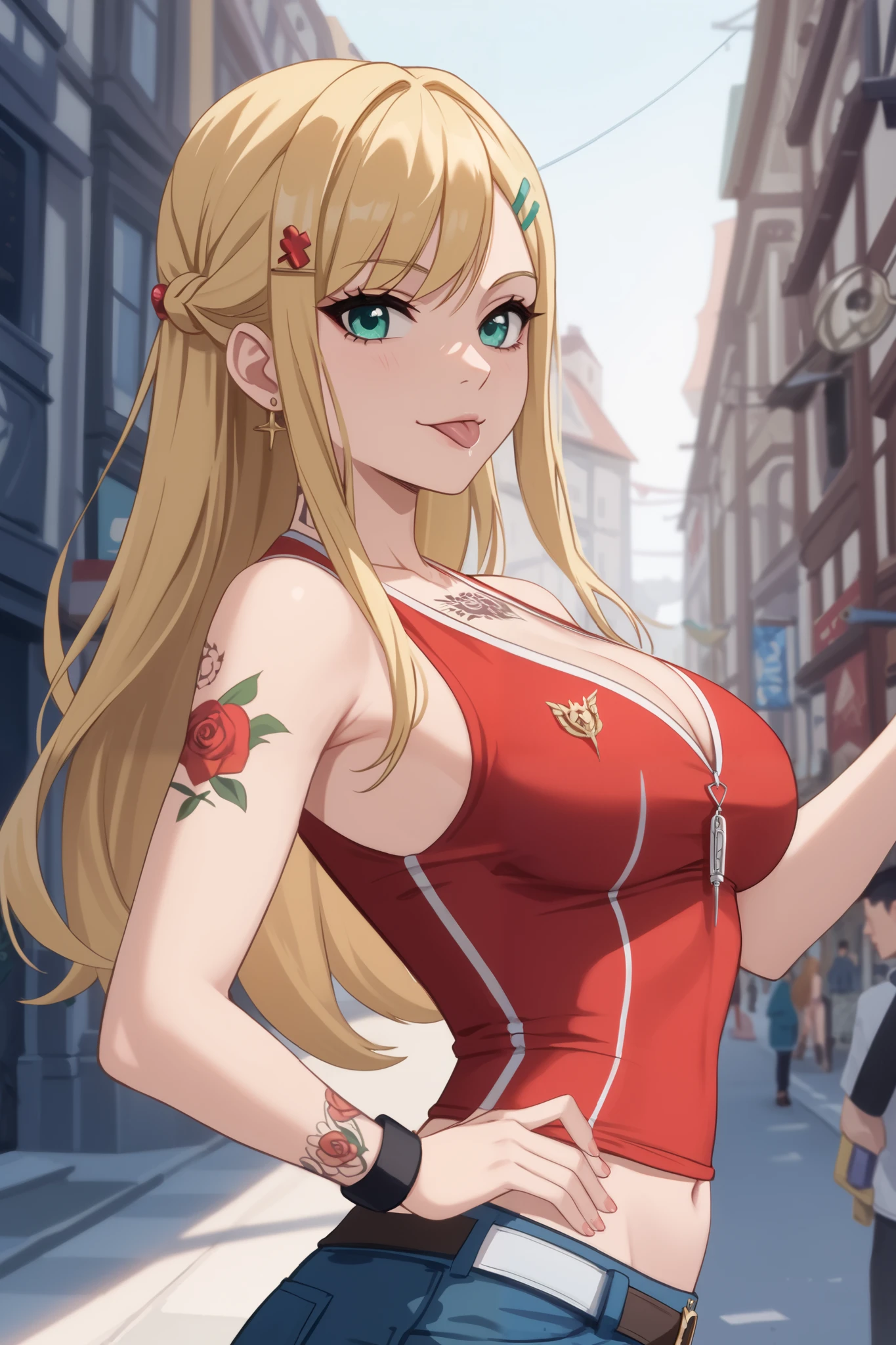 young girl, longue blonde hair, Hairpin with a bundle,  turquoise eyes, Yakuza tattoos, red tight uniform, Sleeveless, Wide neckline on the chest to the abdomen, Gold Elements, Red outfit, Shorts, Masterpiece, hiquality, 4k, HD, Good details, side view, side overview, Long Hair, 