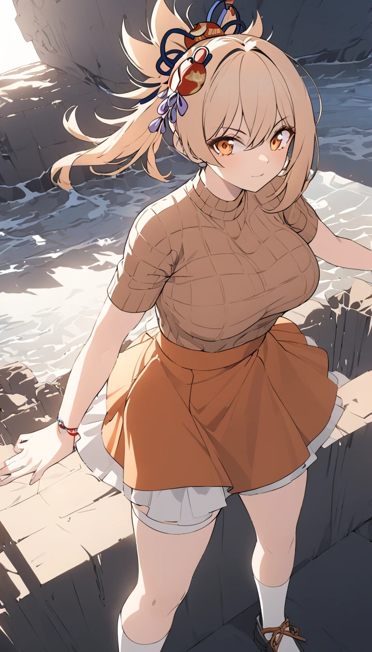 a woman wearing a knee-length skirt, a sweater, and knee-high socks, vivid colors, golden hour lighting, physically-based rendering, extreme detail description, professional, large breasts, , full body, anime cover, girl, solo, mature female,yoimiya, bangs, blonde hair, hair ornament, hair between eyes, ponytail, sidelocks, orange eyes, light brown hair,(negative_v2 Color_Balance_Calibration:0.8), unaestheticXL_cbp62 , negativeXL_D, whole body shot, full body, (negative_v2 Color_Balance_Calibration:0.8), unaestheticXL_cbp62 , negativeXL_D
