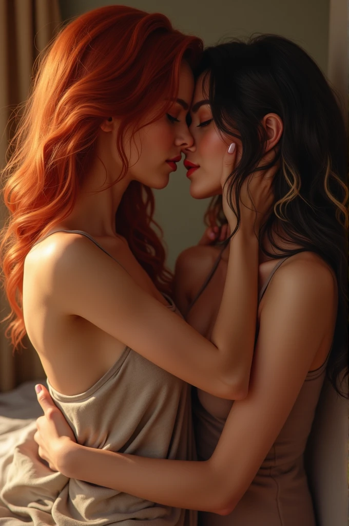completely naked young lesbians redhead and brunette passionately and actively make love to each other pretty women, dynamic poses