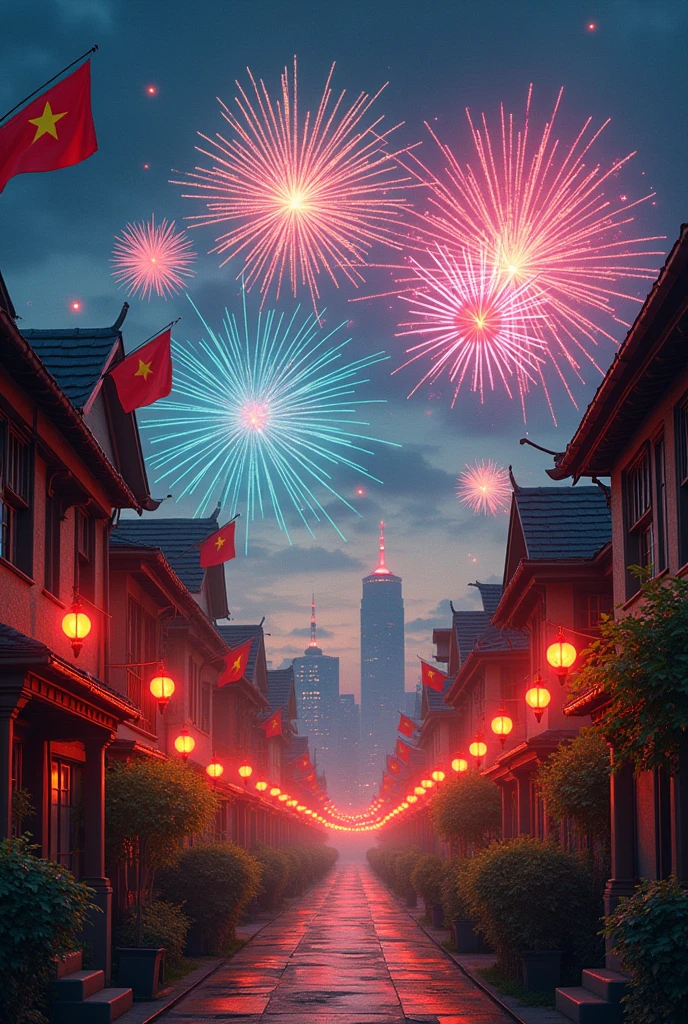 City houses hang Vietnamese flags to celebrate Vietnamese New Year and colorful fireworks behind the house