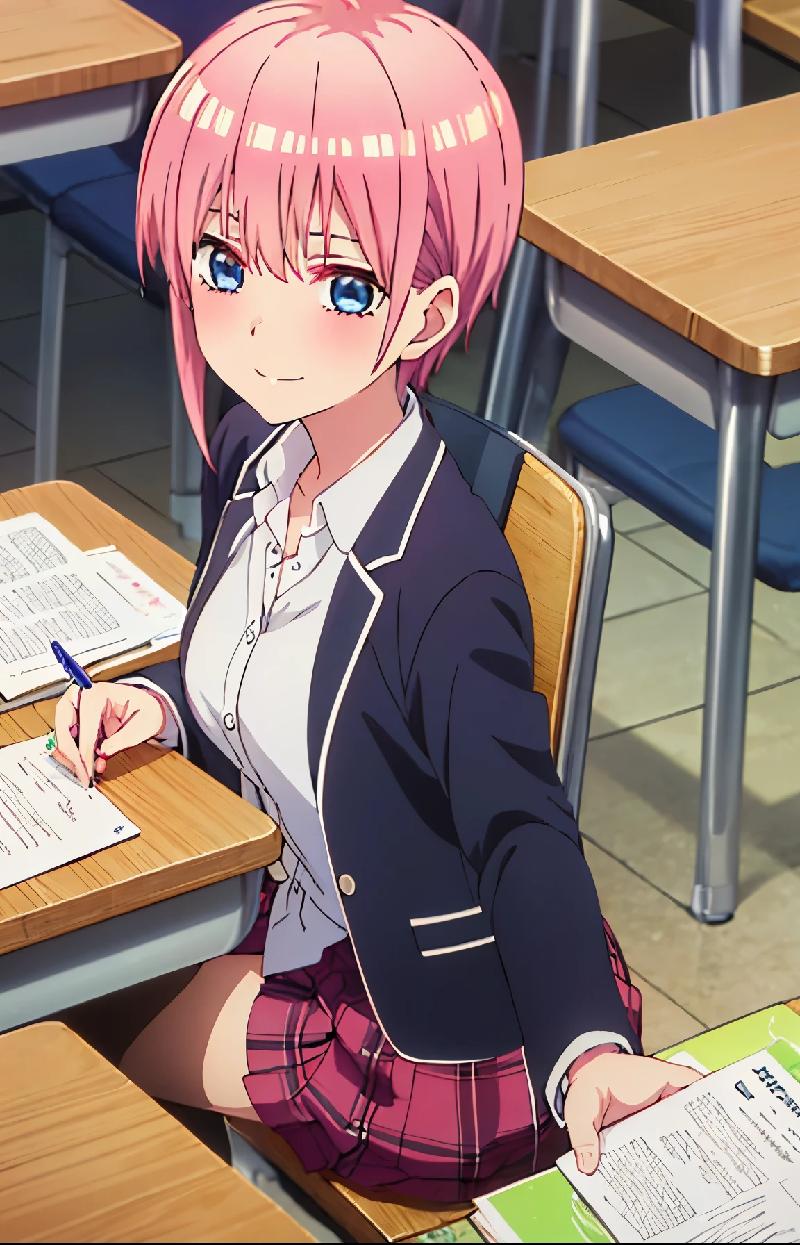 anime girl in school uniform with pink hair and blue eyes, Haru Sakura ,  anime girl auto  , index finger,  Sakura Haruno , smooth anime cg art, makoto shinka, Tsukasa Dokite,  Official Character Art ,   Female Anime Characters  ,  young anime girl ,  beautiful anime high school girl in the style of Kantai Collection, wataru kajika, 1 girl,  high definition , masterpiece,  anatomically correct, accurate, 最 High Quality ,  high detail,  High Quality ,  smiles, 