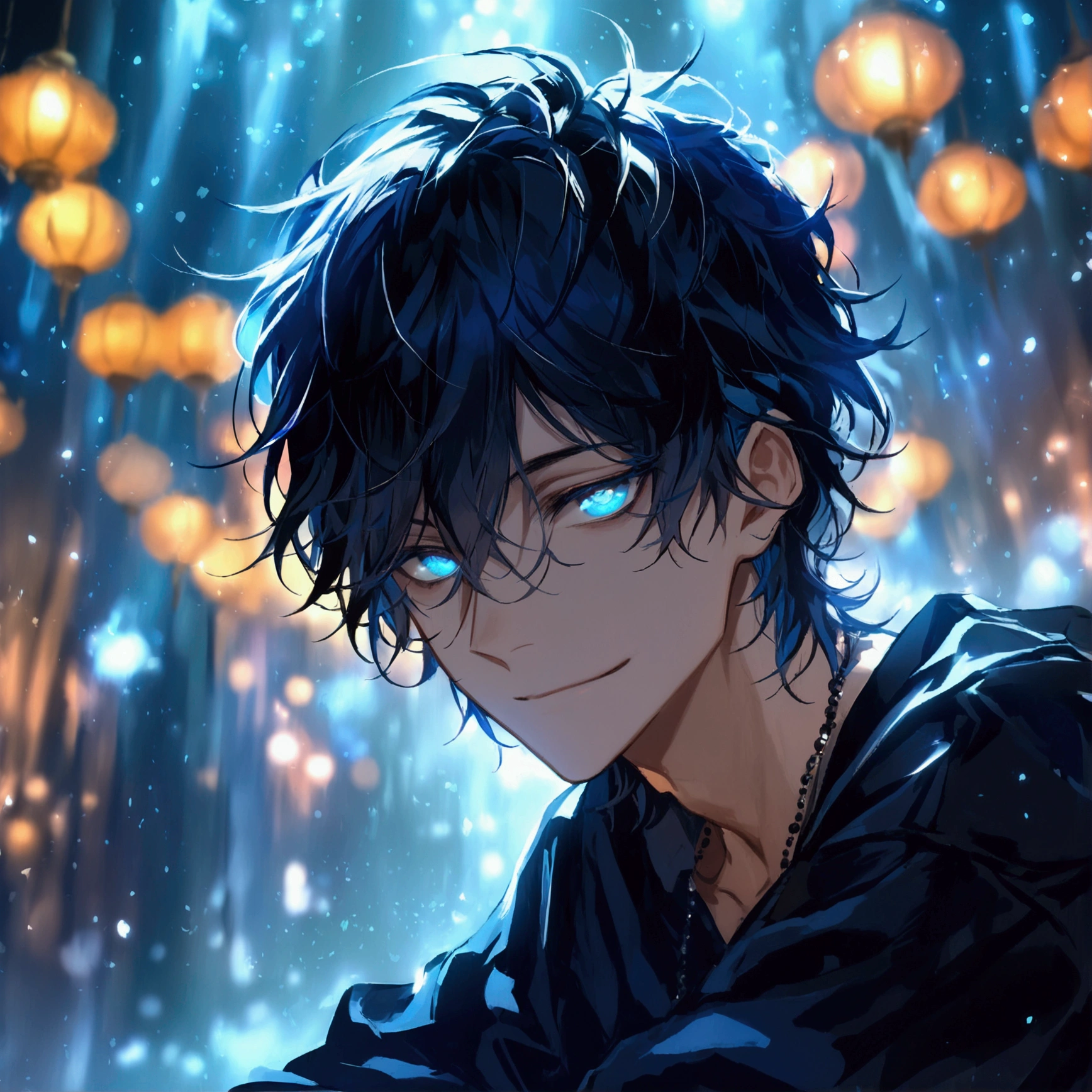 (solo), (1 male), (1 man), (chibi),handsome men, (one man with black hair with White blue inner hair color, blue eyes), long hair, messy hair,smile,((masterpiece)), (dark background: 1.3), (stylish), dynamic angle, (detailed face, detailed eyes, proportional hands, proportional anatomy), sitting in a relaxed pose, sinister atmosphere,young