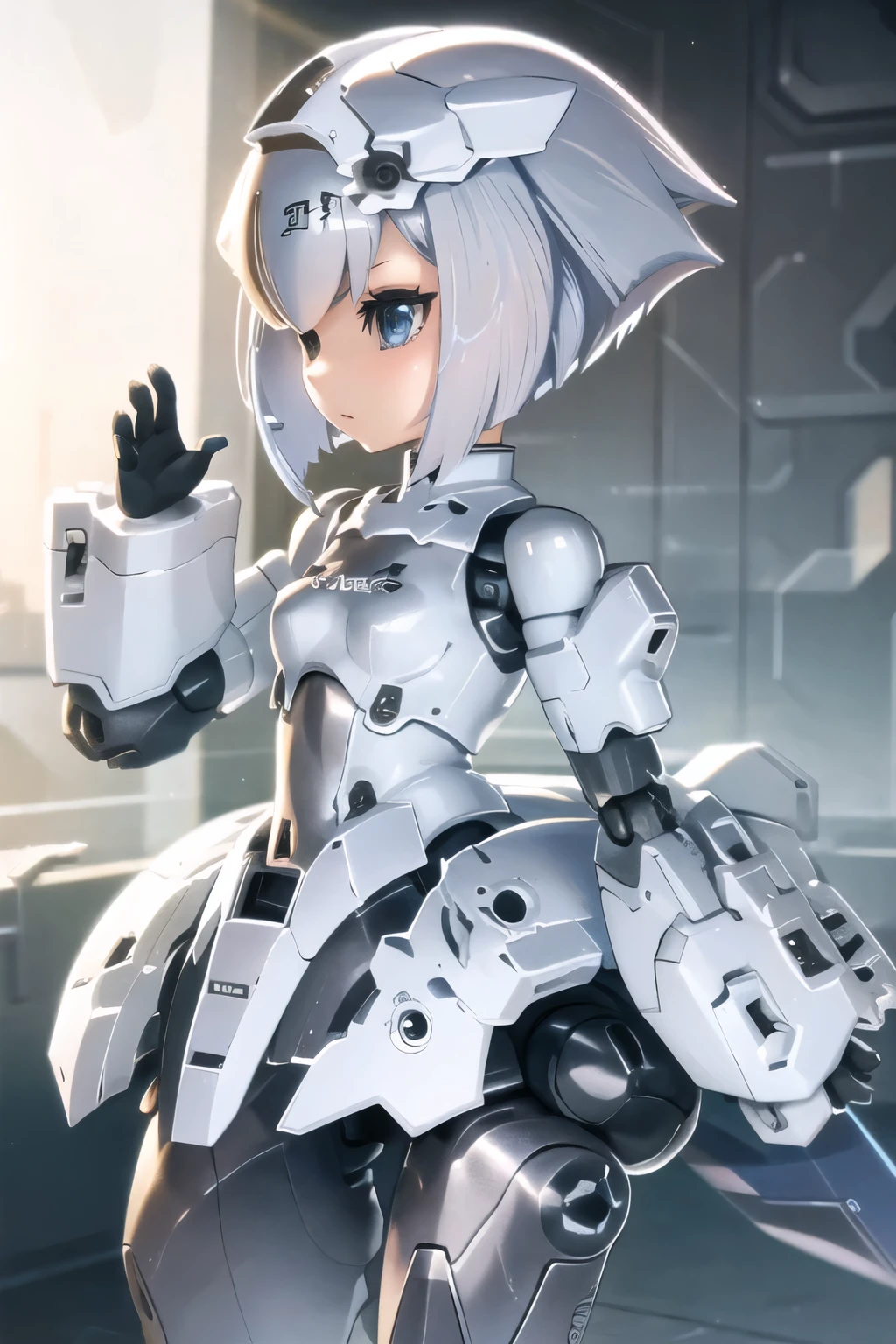 robot girl。Female robot。Silver short bob。