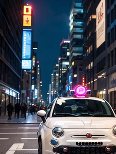 ((fiat 500)), camouflage pattern, driving in the city, cyber city:1.3, cyberpunk:1.3, sparkling neon lights, angled front view, rugged texture, skyscrapers, futuristic cityscape, colorful billboards, soft evening light, strong contrast,((masterpiece)), ((best quality)), (ultra-detailed), beautiful,