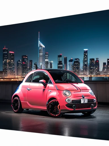 ((fiat 500)), camouflage pattern, driving in the city, cyber city:1.3, cyberpunk:1.3, sparkling neon lights, angled front view, rugged texture, skyscrapers, futuristic cityscape, colorful billboards, soft evening light, strong contrast,((masterpiece)), ((best quality)), (ultra-detailed), beautiful,