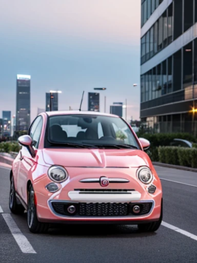 ((fiat 500)), camouflage pattern, driving in the city, cyber city:1.3, cyberpunk:1.3, sparkling neon lights, angled front view, rugged texture, skyscrapers, futuristic cityscape, colorful billboards, soft evening light, strong contrast,((masterpiece)), ((best quality)), (ultra-detailed), beautiful,