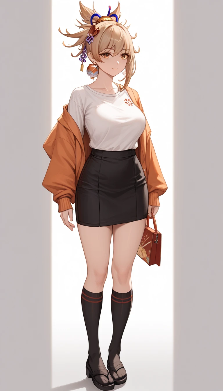 a woman wearing a knee-length skirt, a sweater, and knee-high socks, vivid colors, golden hour lighting, physically-based rendering, extreme detail description, professional, large breasts, , full body, anime cover, girl, solo, mature female,yoimiya, bangs, blonde hair, hair ornament, hair between eyes, ponytail, sidelocks, orange eyes, light brown hair,(negative_v2 Color_Balance_Calibration:0.8), unaestheticXL_cbp62 , negativeXL_D, whole body shot, full body, (negative_v2 Color_Balance_Calibration:0.8), unaestheticXL_cbp62 , negativeXL_D
