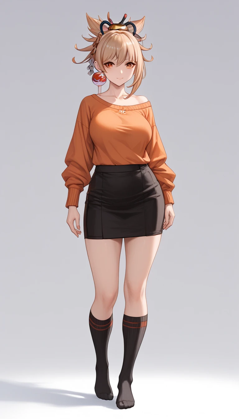 a woman wearing a knee-length skirt, a sweater, and knee-high socks, vivid colors, golden hour lighting, physically-based rendering, extreme detail description, professional, large breasts, , full body, anime cover, girl, solo, mature female,yoimiya, bangs, blonde hair, hair ornament, hair between eyes, ponytail, sidelocks, orange eyes, light brown hair,(negative_v2 Color_Balance_Calibration:0.8), unaestheticXL_cbp62 , negativeXL_D, whole body shot, full body, (negative_v2 Color_Balance_Calibration:0.8), unaestheticXL_cbp62 , negativeXL_D
