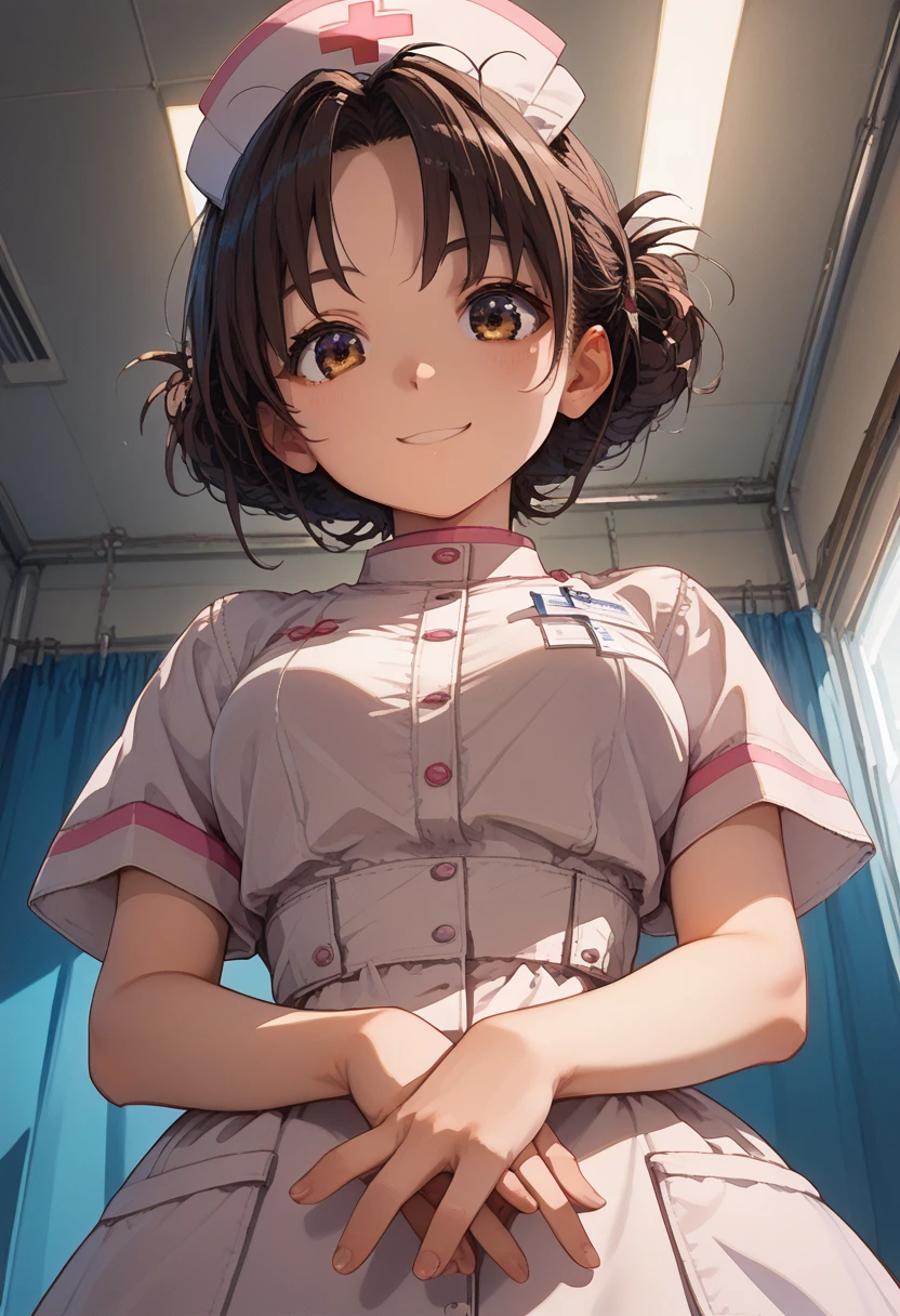 (score_9, score_8_up, score_7_up,source_anime,masterpiece:1.3),(intricate and detailed:1.2),vector-artstyle,best quality,Fine hair,intricate illustration ,ultra-detailed animation,1girl,Look At Viewer,faint smile,Provoke,Brown Hair,Messy Tip Hairstyle,okumura haru,(Ao-Dai:1.2),(nurse:1.3),(Bodysuits:0.8),(face seen through breasts:1.1),(sway back,arched back:1.2),own hands near waist,pov,hands focus,from below,ceiling,Dynamic angle