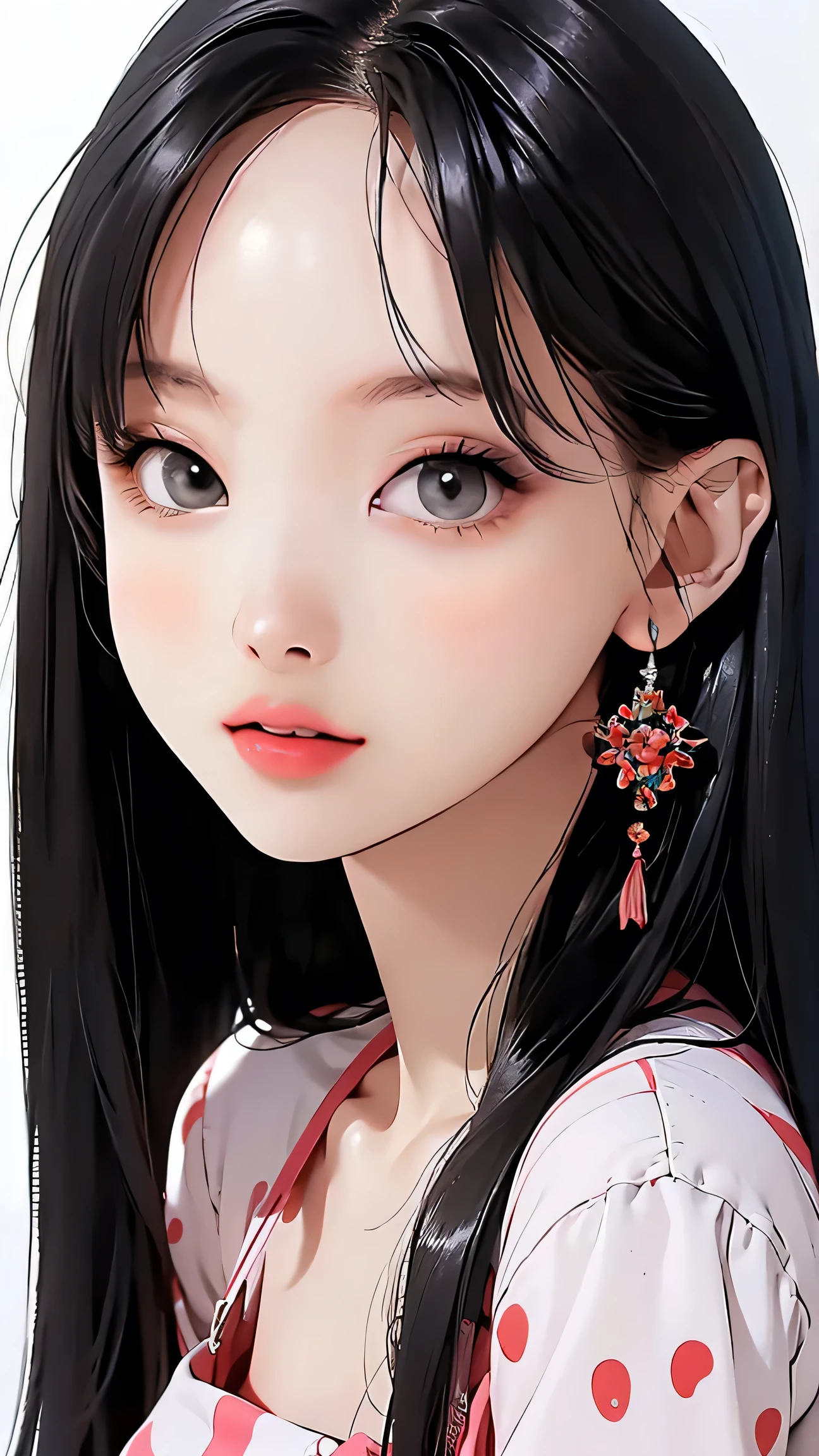 Generates a manhwa-style image of a ****** asian girl with white, smooth skin, a few strands of black wavy hair, the serious look and the intense seductive eyes, petite, Lewd, (porcelain doll), horny, flat chest, sexual gaze, edgy graphic design, sexy pose, leaning in, straight on, big black eyes, ulzzang, portrait, (anime), manga, (3D), sexy, Latex, 8ｋ,Highest quality,masterpiece, Sharp focus,