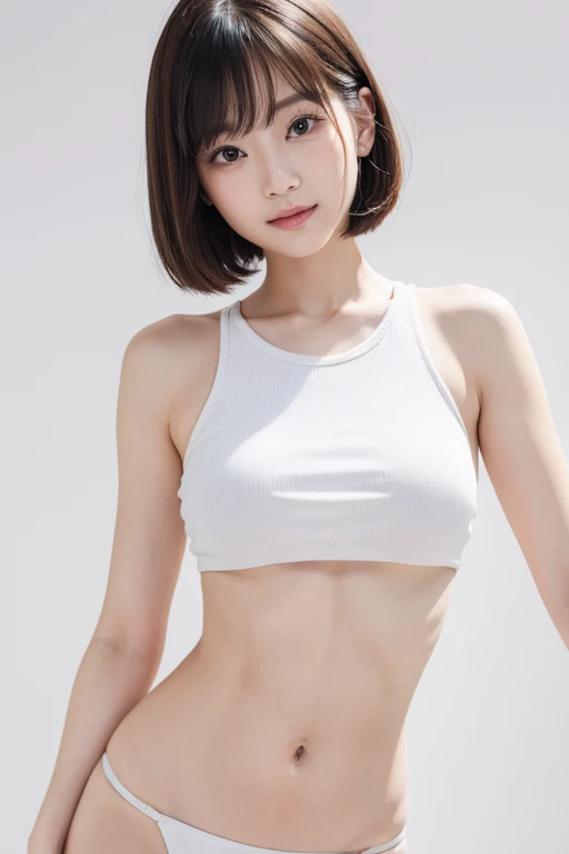Picture taken from the front, with the left and right sides equally spaced, draw symmetrically, simple background, equally spaced left and right, stand upright, cowboy shot, (arms behind back:1.5), One girl, 18 years old, very short hair, ((WHITE tanktop, BLUE panties))