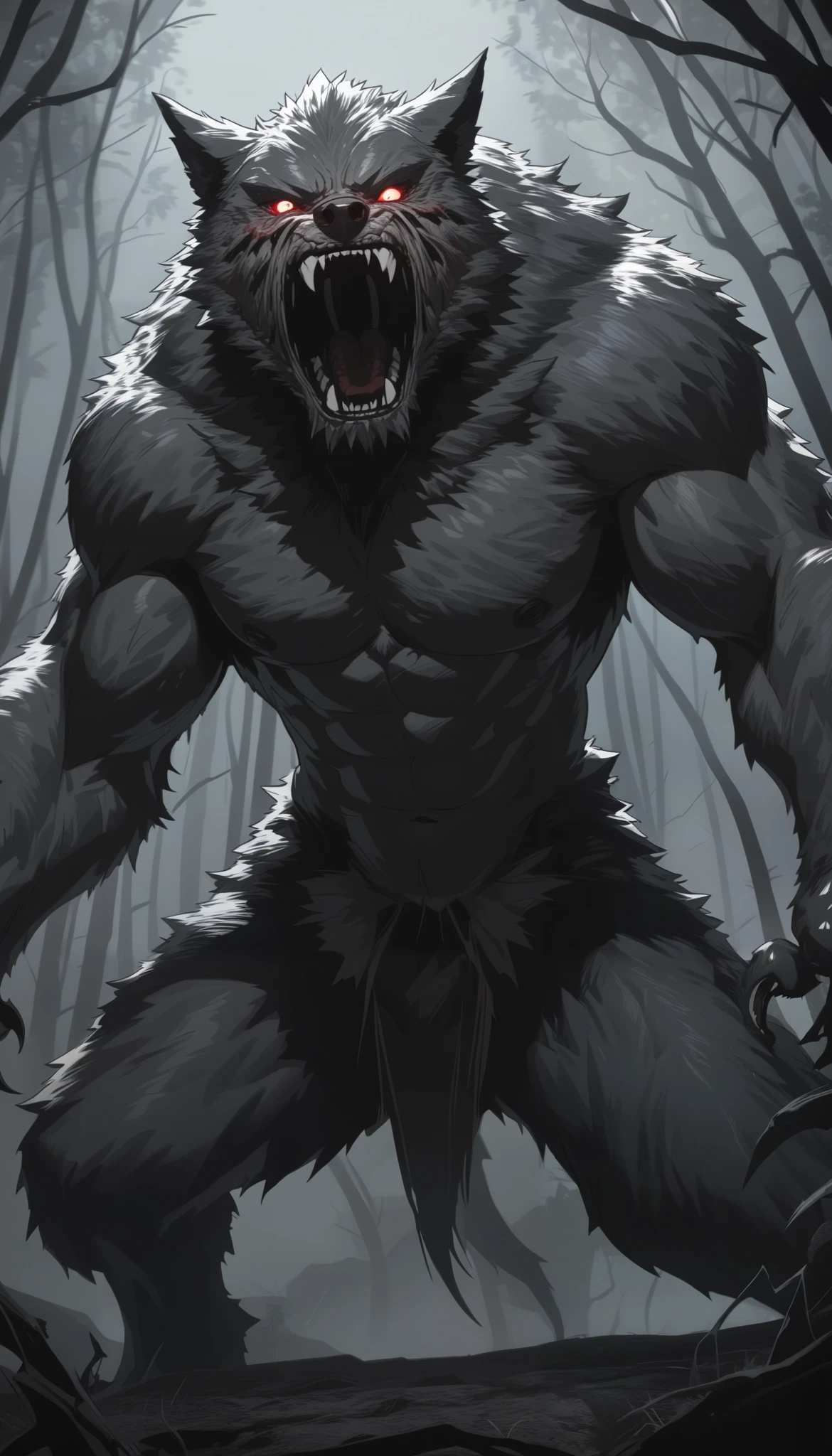 a powerful werewolf attacking,extremely detailed werewolf,highly detailed,dramatic action scene,intricate anatomy,claws,fangs,intense eye contact,growling expression,moonlit forest background,cinematic lighting,moody atmosphere,chiaroscuro,muted color palette,gritty realism,award winning digital art