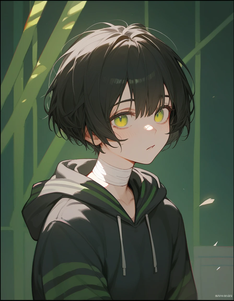 boyish,Short hair, light black hair , in the eyes, yellow green, Black hoodie without stripes , without pants,There is a bandage on the neck ,Black eyelet border , thin, dry , in the empty eye,,shy,throw 