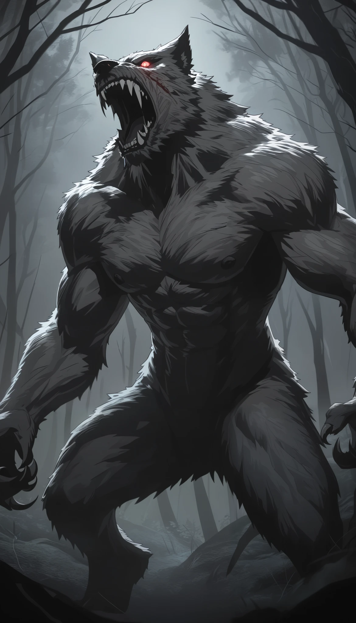 a powerful werewolf attacking,extremely detailed werewolf,highly detailed,dramatic action scene,intricate anatomy,claws,fangs,intense eye contact,growling expression,moonlit forest background,cinematic lighting,moody atmosphere,chiaroscuro,muted color palette,gritty realism,award winning digital art