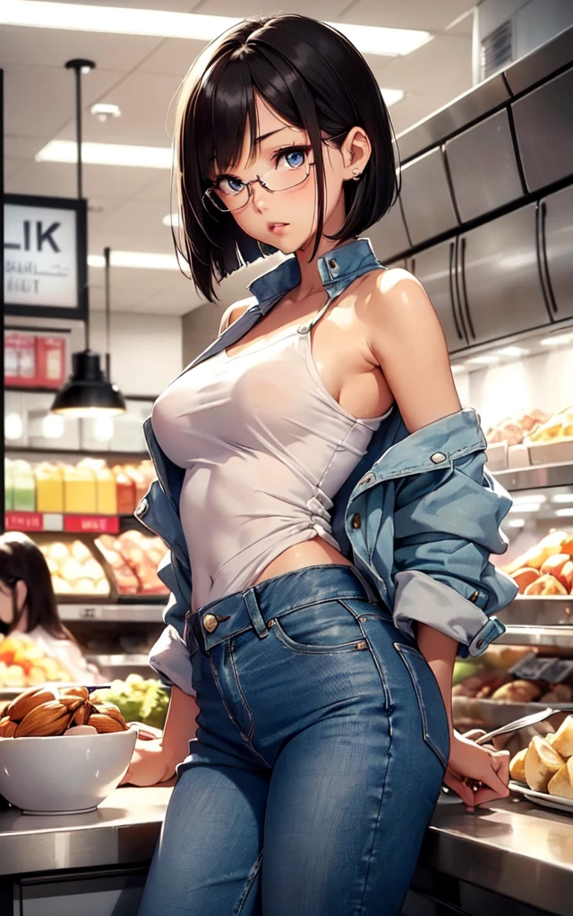 (((naked girl with large breast and nipple and pussy is standing at a petrol pump))), naked naked naked girl with short black hair and blue eye and headband and pink lipstick and wristwatch is standing in a mechanic shop, crowd of random men wearing shirts and pants in the background,