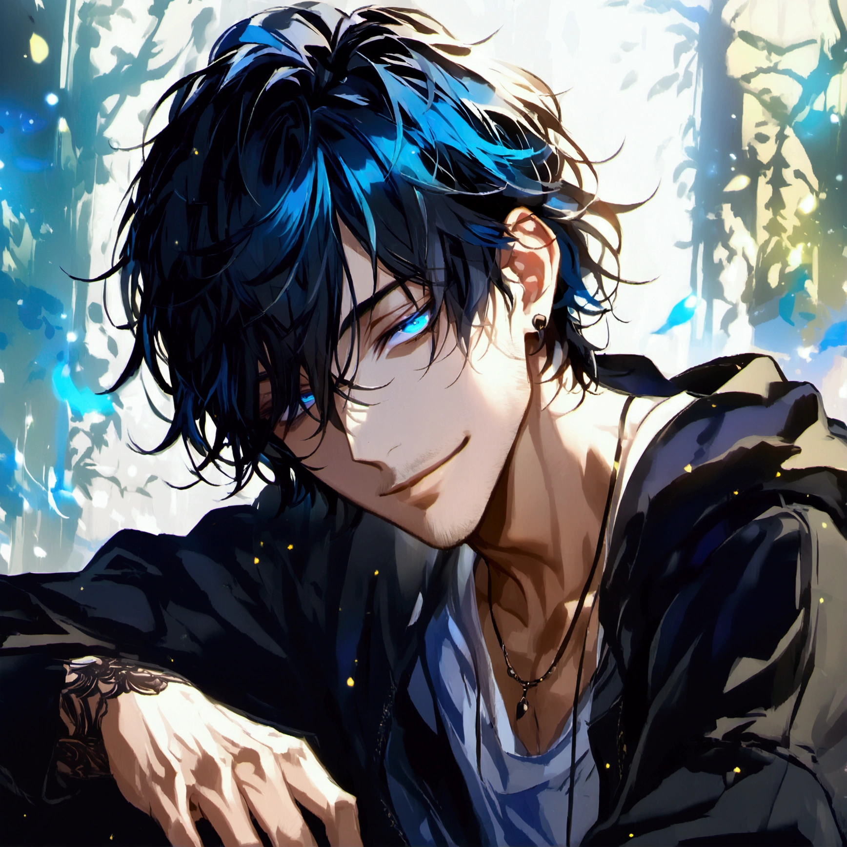 (solo), (1 male), (1 man), (chibi),handsome men, (one man with black hair with White blue inner hair color, blue eyes), long hair, messy hair,smile,((masterpiece)), (dark background: 1.3), (stylish), dynamic angle, (detailed face, detailed eyes, proportional hands, proportional anatomy), sitting in a relaxed pose, sinister atmosphere,young