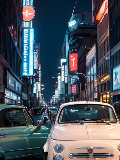 ((1957 Fiat 500)), camouflage pattern, driving in the city, cyber city:1.3, cyberpunk:1.3, sparkling neon lights, angled front view, rugged texture, skyscrapers, futuristic cityscape, colorful billboards, soft evening light, strong contrast,((masterpiece)), ((best quality)), (ultra-detailed), beautiful,