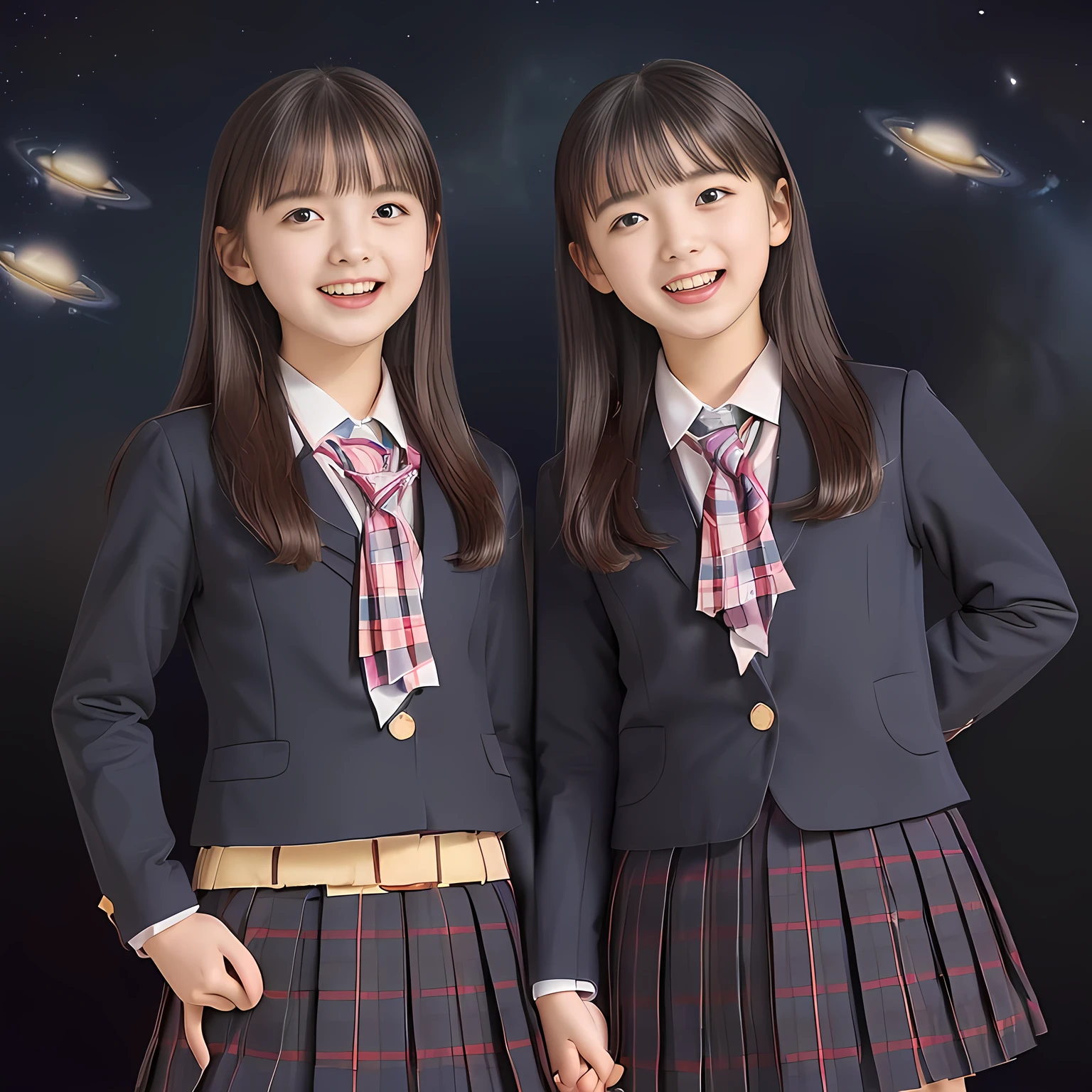 (Highest quality, masterpiece:1.2), Highest quality, High resolution, 1080P, 8k, clearly detailed, low-angle shot, (Two 14yo girly fashion models are flying in the space and falling down to the viewer, bending down at the waist and their shining eyes are looking at the viewer directly, Girls faces are at the top of the photo frame, Low-angle-shot from below the girls' hands, full of girly lovely dream background: 2.0) (Nobly bowing super-pretty shining-long-hair super-beautiful super-bewitching super-cute expensive school-uniform pretty slender 14yo-fashion-model of most-beautiful-school-uniform-girl-models photo-magazine in Japan, too beautiful aristocratic daughter laughing at the viewer, in supreme bliss, bowing and accepts the viewer's every desire: 1.8), (long bottom eye-slashes, long top eye-slashes), (very bewitching beautiful full-open lips: 1.4), (neat gorgeous school uniform of private high school in Japan. navy-school-blazer with gold-emblem, super-neat navy-blue-lined-tartan-checkered light-sky-blue-pleats-school-skirt, super-girly plain-red ribbon on the breast: 1.5), (bewitching expression, smile, lips, and pose to corrupt the viewer, everything is planned and prepared to corrupt the viewer into the allusion of love towards the girl: 1.2), (clearly detailed foreground focusing on girl's beauty and cuteness, gorgeous blue girly bed background of full-of-girls girly-heaven: 1.2), (extending her arms to the viewer like requesting hugging, calling out the name of the viewer loudly), (sky-blue checkered school skirt), (several golden heart cute accessories)