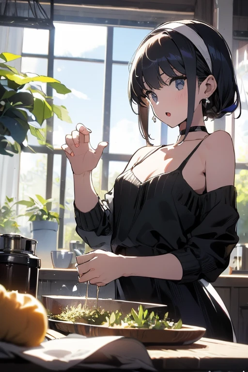 (small breasts:1.3), (perky chest:1.1), (pointed chest:1.0), (Pudding cake magazine cover:1.3),(from above:1.0),(from side:0.9),masterpiece, 1girl, Amazing Cleavage:1.1, thin waist, big ass, Raised sexy, small breast: 1.3, posed cleavage:1.2、solo, looking at viewer, open mouth, have a cute grass of cute beergrass,black hair, dark green eyes, dress, bare shoulders, jewelry, collarbone, sidelocks, hairband, earrings, indoors, off shoulder, :o, sweater, arms behind back, plant, short hair with long locks, gild hairband, off-shoulder dress, sweater dress, off-shoulder sweater, red sweater, dark gord hair, big side hair, very long side hair,is rendered in (masterpiece: 1.2, best quality), with (ultra high resolution) and an exquisite (depth of field). This masterpiece is not only visually stunning but also tells,A scene of cooking in the kitchen by classroom