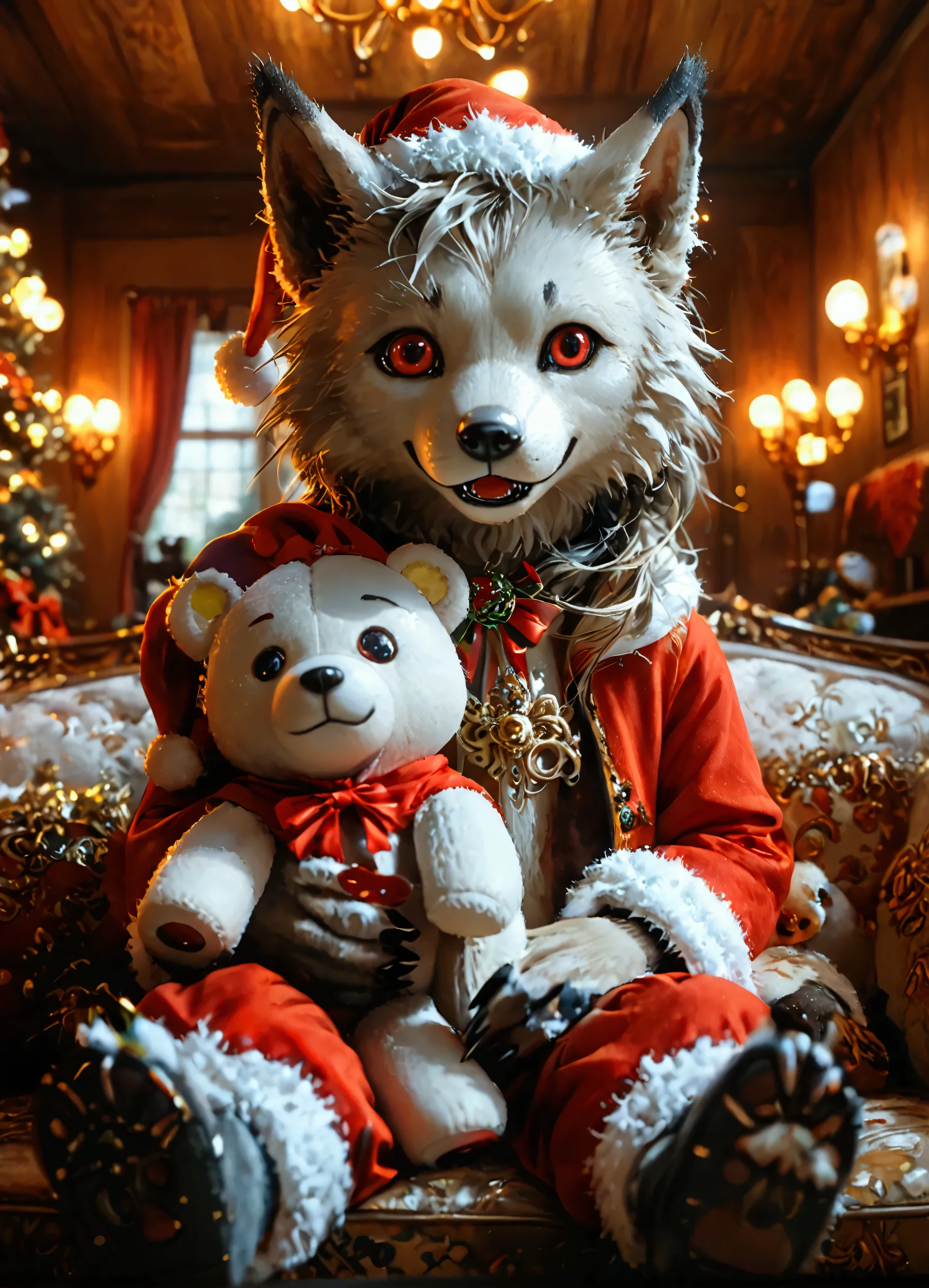 (8k, top quality, Masterpiece , Final Fantasy Style: 1.2), , Atmospheric perspective, 8K, Very detailed, Accurate, Highest quality, masterpiece, Very detailed, Sharp focus, High resolution,very spooky, (upper body close up:1.2), Werewolf dudy, red eyes, funny and happy promoter, wearing a christmas costume, in the luxury party room, holding a stuffed bear in hand, To the camera, Very detailed, Digital Painting, Art Station, Concept Art, Smooth, Sharp focus, figure, ArtJam, Greg Rutkowski, Art by Alphonse Mucha, 8K, Volumetric Fog, bloom, light, lumen, Crank blur