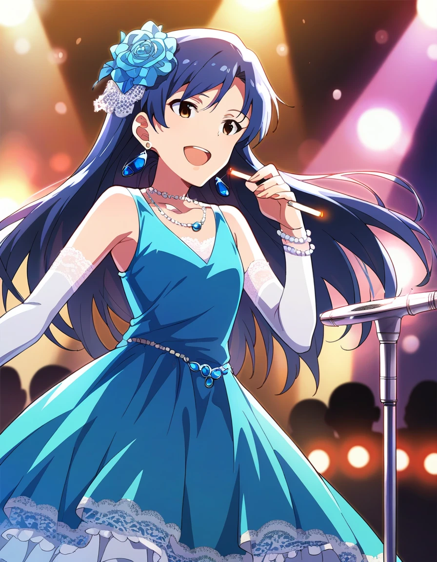 score_9, score_8_up, score_7_up,  source_Anime,
 1 girl, Alone, concert, Singing , smile, Serious,  open mouth,  microphone stand , BLUE STAGE ,  lace curtain, (cigarette:1.2),   stage light , 
 ksrgchy,  long hair,  blue hair, bangs,   brown eyes,  flat chested, 
 Luxury Dress ,  Blue Dress , Lace trim,  sleeveless,  elbow gloves ,  hair ornament , hair flower,
lipstick,  gem,   earrings,  Necklaces ,  Bracelets ,