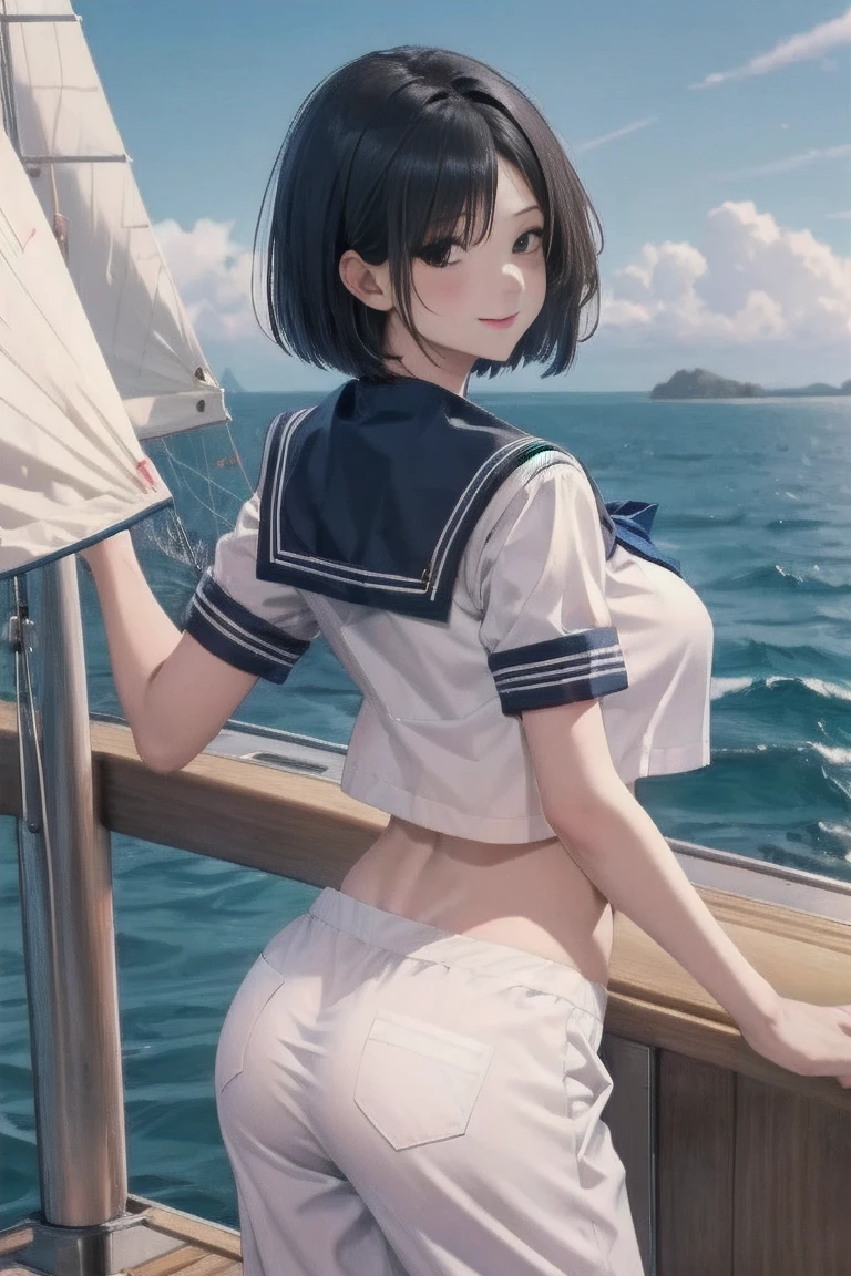 1young_teen_女の子、ロリ、brown_hair、medium_bob_hair、blue_midriff_baring_sailor_uniform、mini_skirt、short_sleeve、太もも、big_tits,closed_eyes, 笑顔、open_mouth、立っている,harbor_background、spread_legs、幸せ、NSFW、short_gloves, wet,transparent,covered_nipples, covered_crotch, under_tits, sweat, bare_thighs, (groin:1.5), tan,