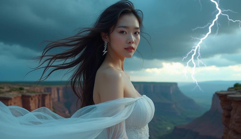 Official Art, Unity 8k Wallpapers, Ultra Detailed, Beautiful and Aesthetic, Dynamic, Beautiful, Bold Colors, (Parting Art), Perfect Details, Masterpiece, Best Quality, Smile, ((Perfect Thighs)), High Resolution Full Body , surrealism, cinematic lighting, divine light, layered processing (HD layer, character layer, background layer), f/4.0, kanon, (super clear face), huge file size, shiny skin , detailed skin, detailed face, detailed eyes, the top of the huge canyon, (strong winds), hair similar to the color of wind and thunder, flying hair, (dark clouds looming like a storm, thunderous, thunder and lightning scattered all over the sky),