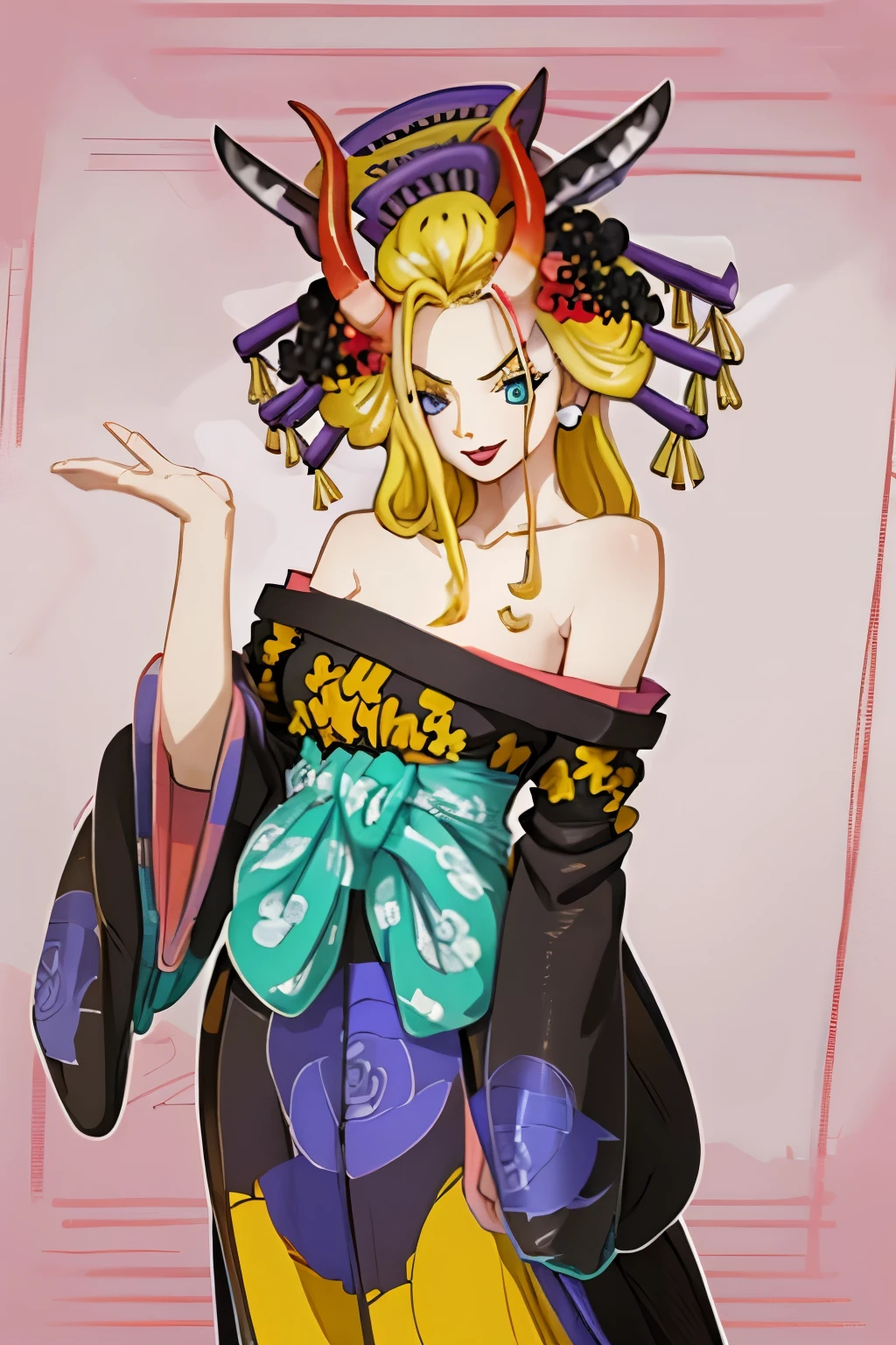 (masterpiece, best quality:1.2), solo, 1girl, blackmaria, lipstick, smile, hair stick, hair flower, horns, v-shaped eyebrows, japanese clothes, black kimono, off shoulder, earrings, bare shoulders 