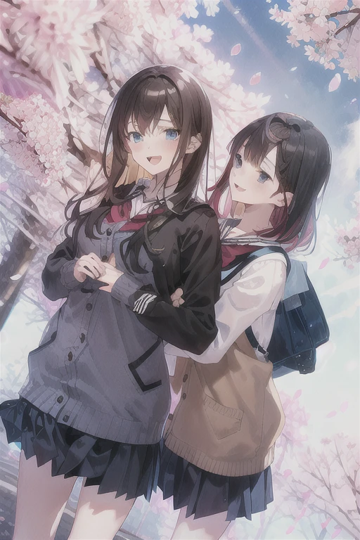 -Yuri ,  multiple girls, 2girls,  blonde hair ,  cherry blossoms,  school uniform, smile,  brown eyes, Sera Clothing,  skirt,  long hair,  blue eyes,  open mouth,  outdoor,  cardigan , , Another,  petals, tree,  black hair,  Dutch Angle , day, bag, , Yuri,  neckerchief ,  behind your butt, hugging each other