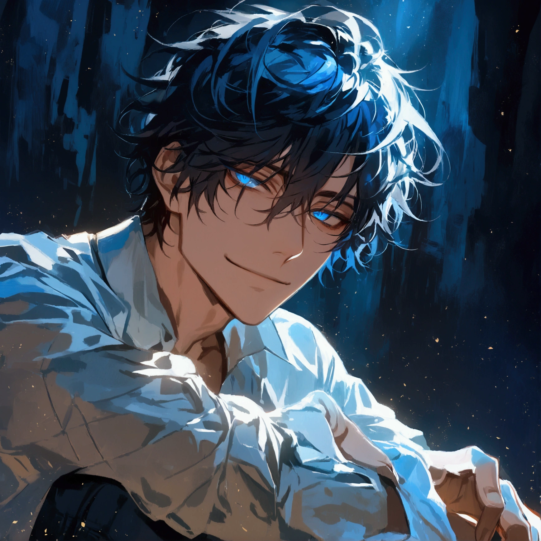 (solo), (1 male), (1 man), (chibi),handsome men, (one man with black hair with White blue inner hair color, blue eyes), long hair, messy hair,smile,((masterpiece)), (dark background: 1.3), (stylish), dynamic angle, (detailed face, detailed eyes, proportional hands, proportional anatomy), sitting in a relaxed pose, sinister atmosphere,young