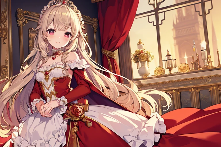 ((Highest quality)), ((masterpiece)), (detailed), (Perfect Face)、The woman is Yuuki Asuna, a Russian with light brown, medium-long hair, an elegant, graceful, beautiful Russian noblewoman, a good wife and mother, and the Empress of the Great Russian Empire.、The woman is beautifully dressed in the gorgeous and glittering gold-colored Russian court dress of an ancient Russian empress, with gorgeous accessories, and a beautiful and luxurious kokoshnik.、The woman grew beautiful on the luxurious sofa of the palace.16She is holding her 20-year-old daughter and sons.