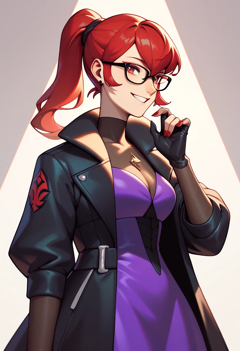 Mars, red nails, glasses, smiling, red hair, red & purple dress, black fur coat, black gloves, ponytail hairstyle