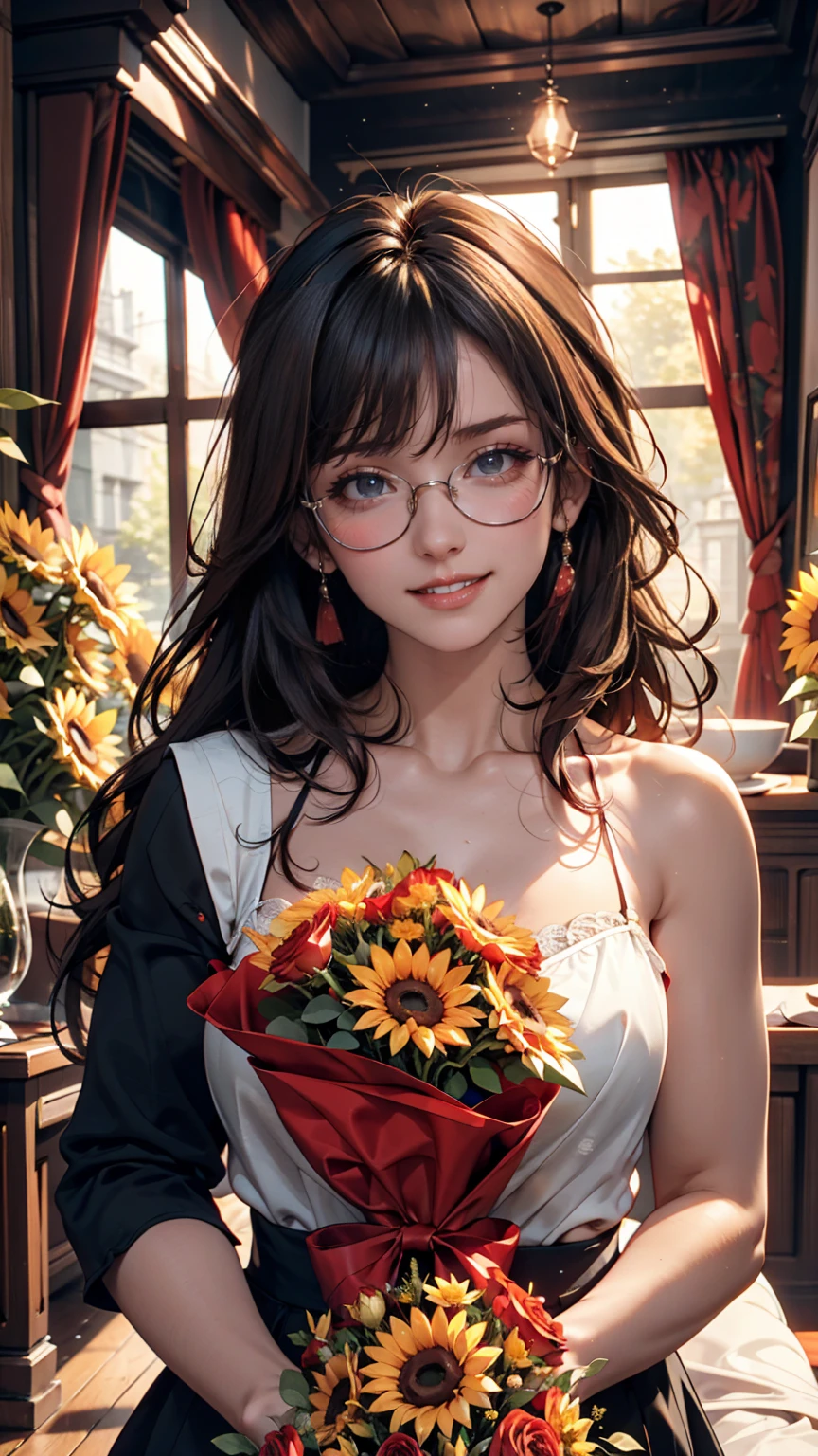 Beautiful girl with glasses, Long black hair, Bouquet of sunflowers and red roses, Bright colors, smile, 8K quality, Focus of the film, close your eyes